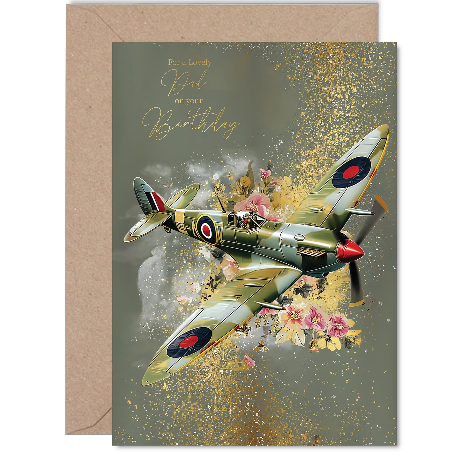 Giftzie Spitfire Airplane Birthday Card for Dad | 127mm x 178mm | Gold Design 1