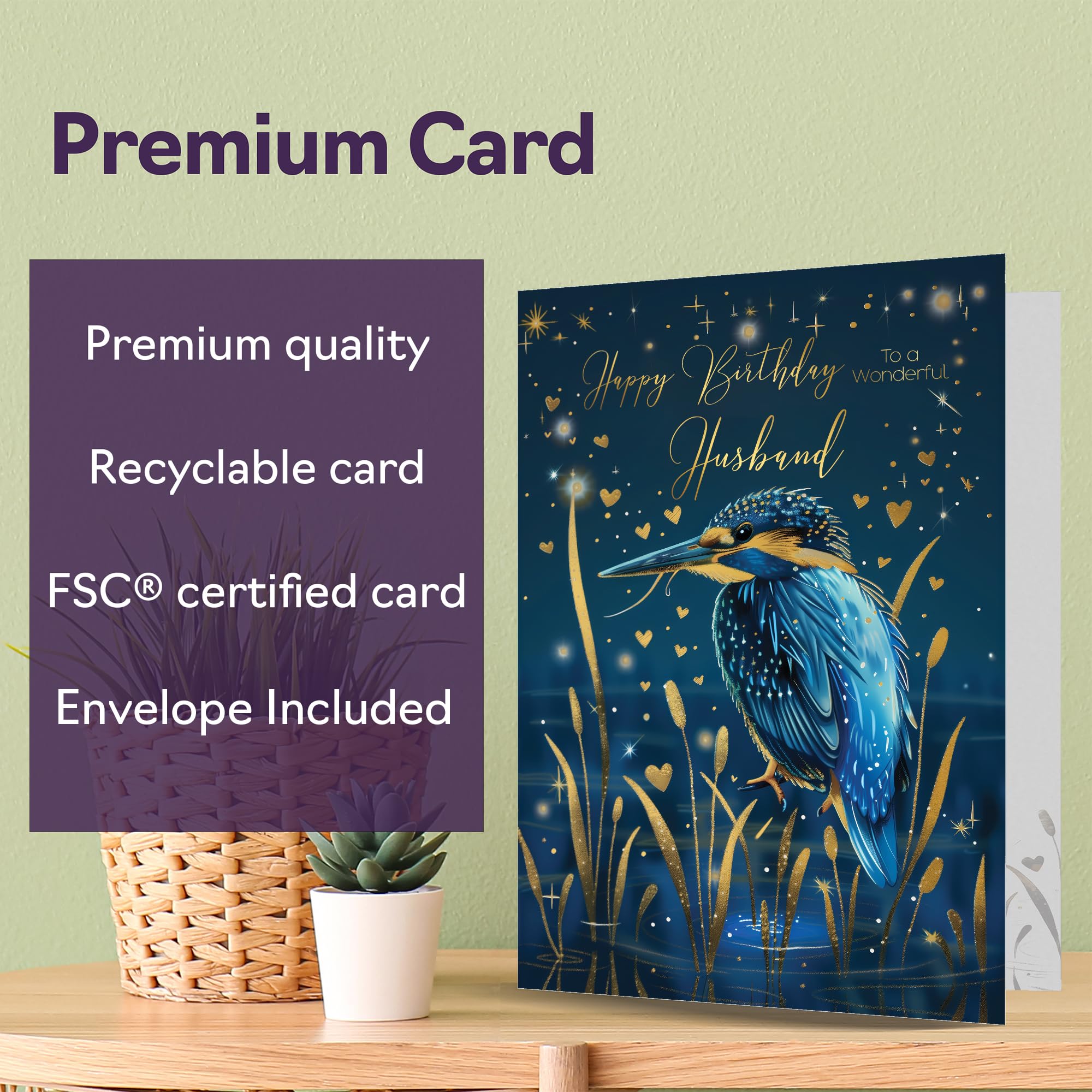 Giftzie Beautiful Gold Birthday Card for Husband - Wonderful Golden Kingfisher | A5 Size | FSC Certified 6