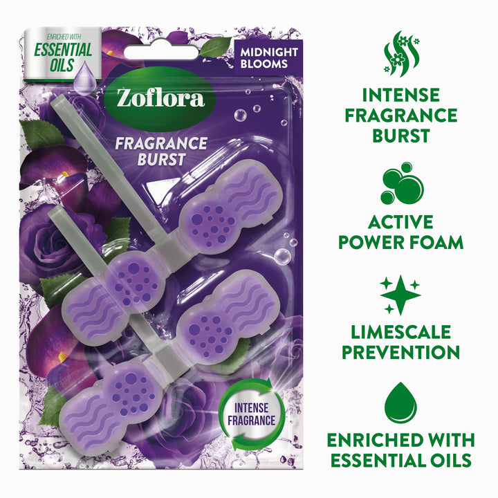 Zoflora Midnight Blooms Toilet Rim Blocks (Pack of 2) - Continuous Freshness with Essential Oils
