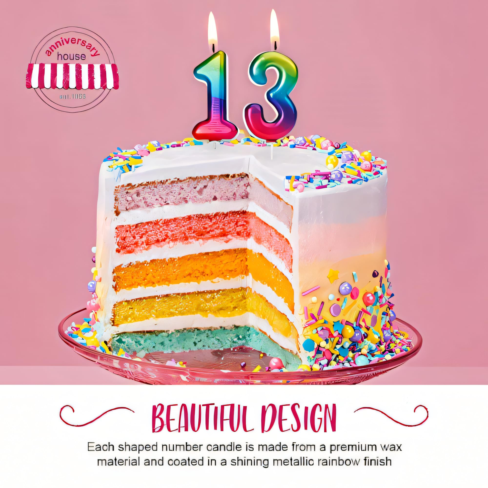Anniversary House Colourful Rainbow Metallic Candle Number 3 Cake Candle | 7cm Tall | Unscented Wax 4