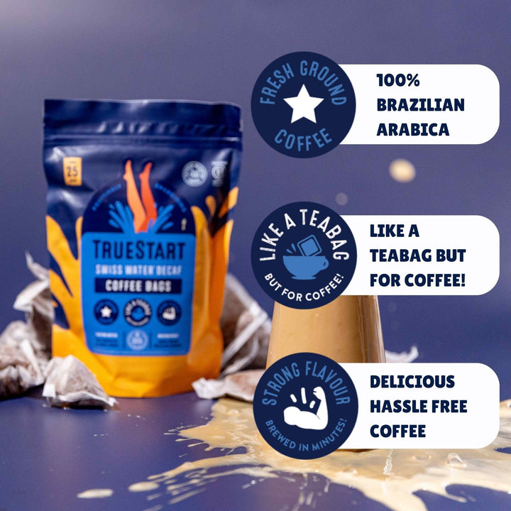 TrueStart Coffee Bags, Swiss Water Decaf – 25 Loose Bags, Mycotoxin-Free, Antioxidant-Rich, Gluten-Free, Individually Wrapped