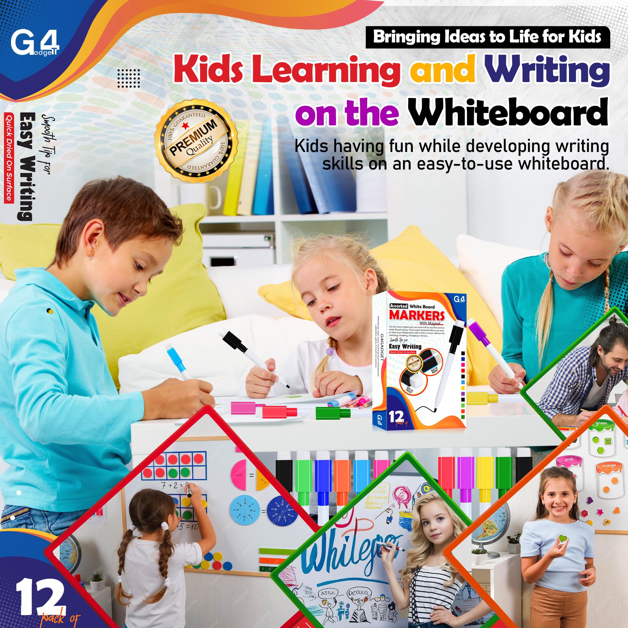 G4GADGET 12 Pack Dry Erase Markers - Magnetic Cap & Built-in Eraser | Assorted Colors 3