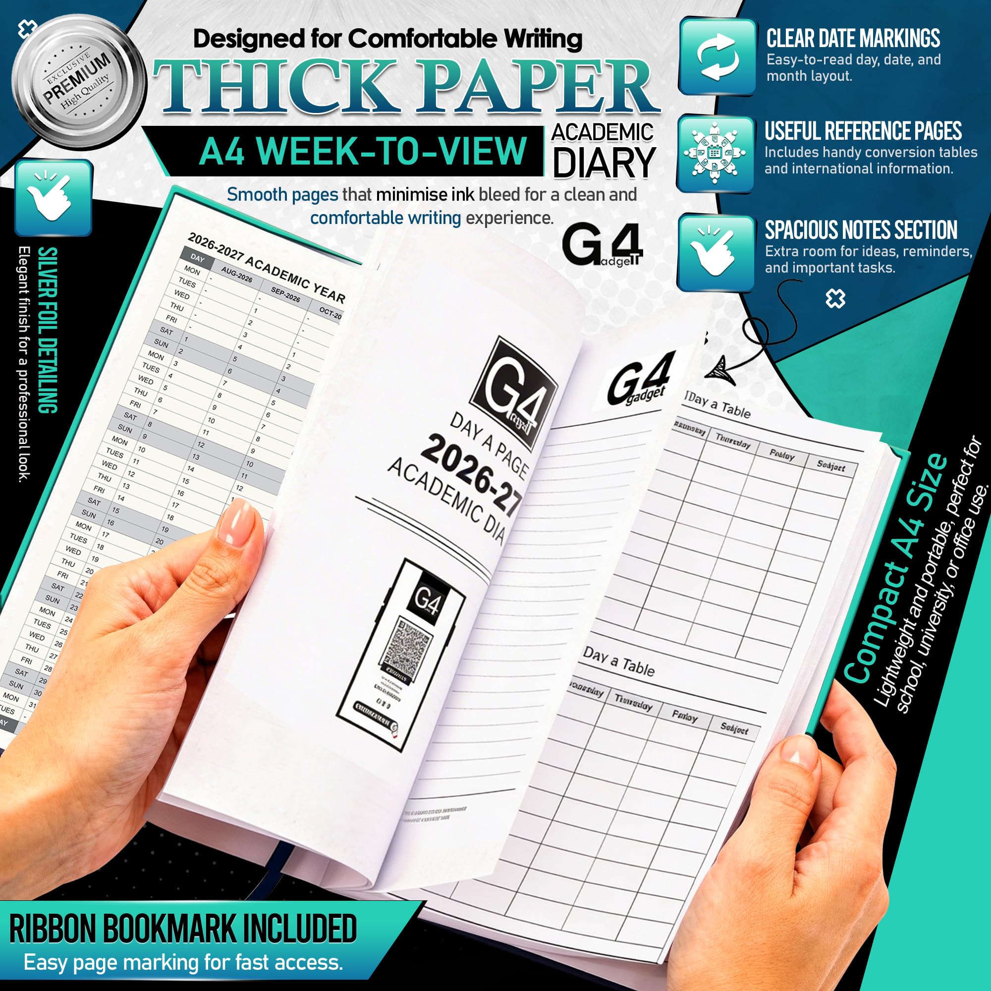 G4GADGET 2026-2027 Academic Diary - A4 Week To View | Teal Hardback | August 2026 Start