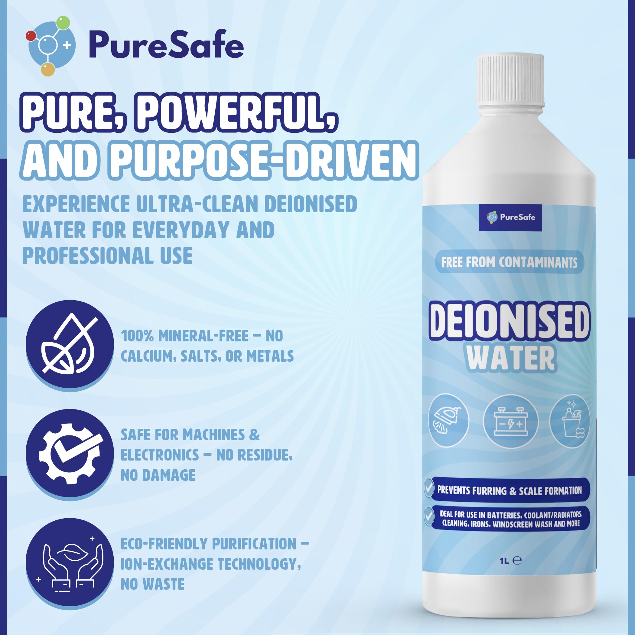 Pure Safe Deionised Water - 1 Litre Mineral-Free Liquid for Appliances & Batteries 3