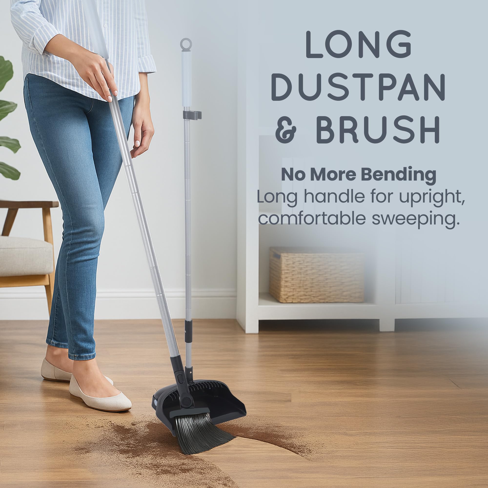 CUQOO Dustpan and Brush Set - Long Handled Upright Standing | Nylon Bristles | Black 2