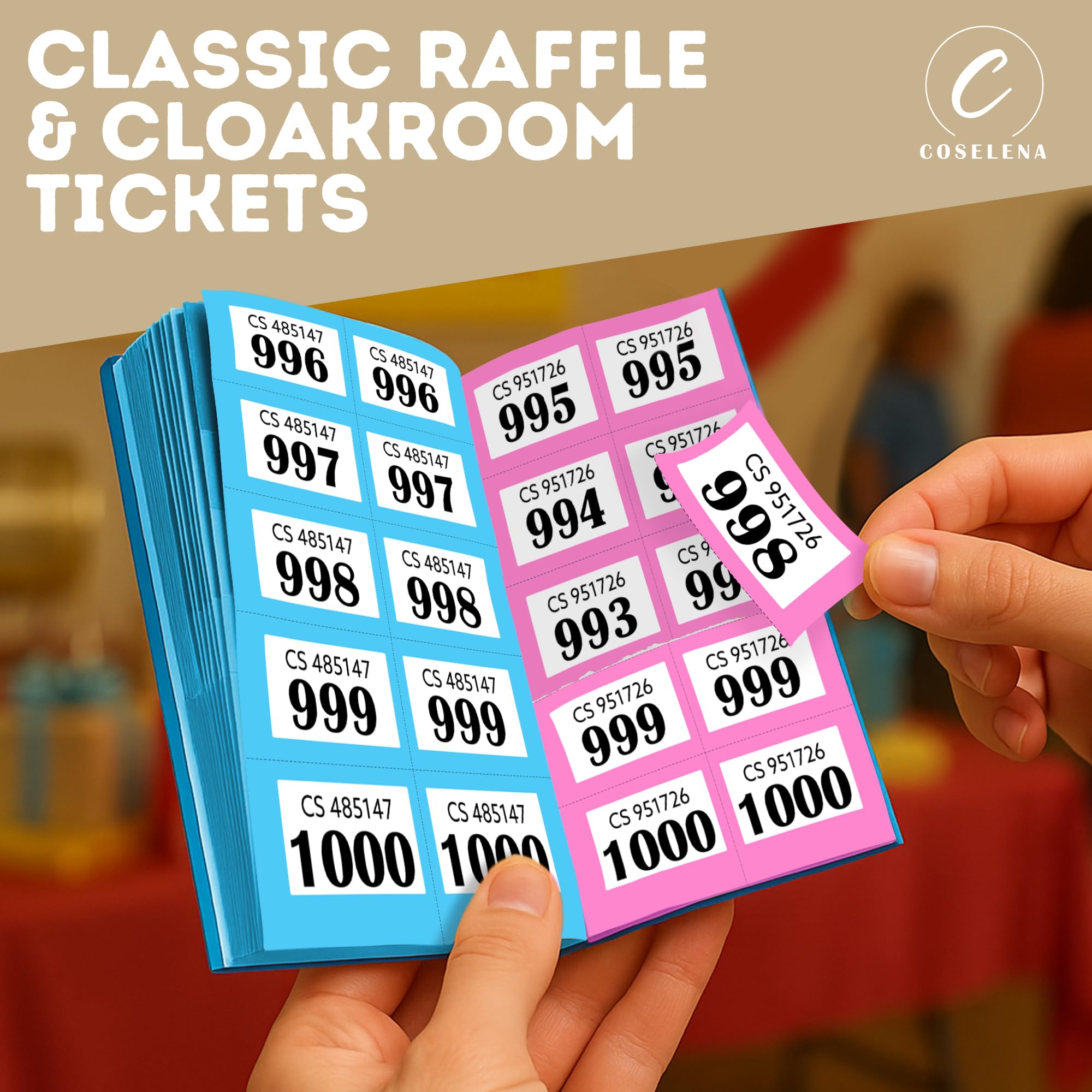 Coselena 5-Pack Numbered Raffle & Cloakroom Ticket Books | 1-1000 | Assorted Colors 2