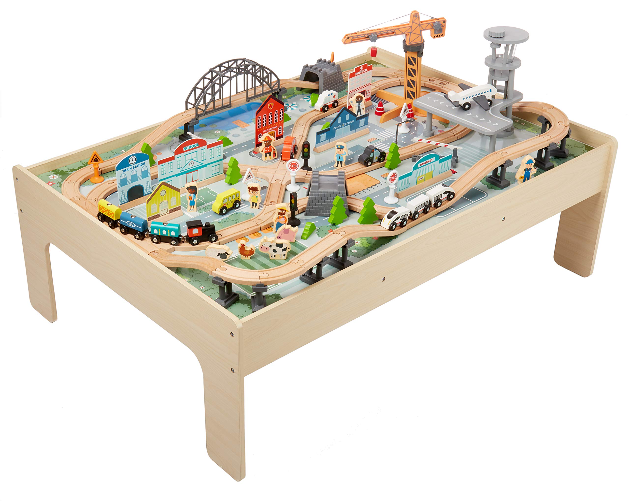 Amazon Basics 120-Piece Wooden Train Set and Table with Interactive Accessories | Multicolor | 120.4 x 85 x 41 cm