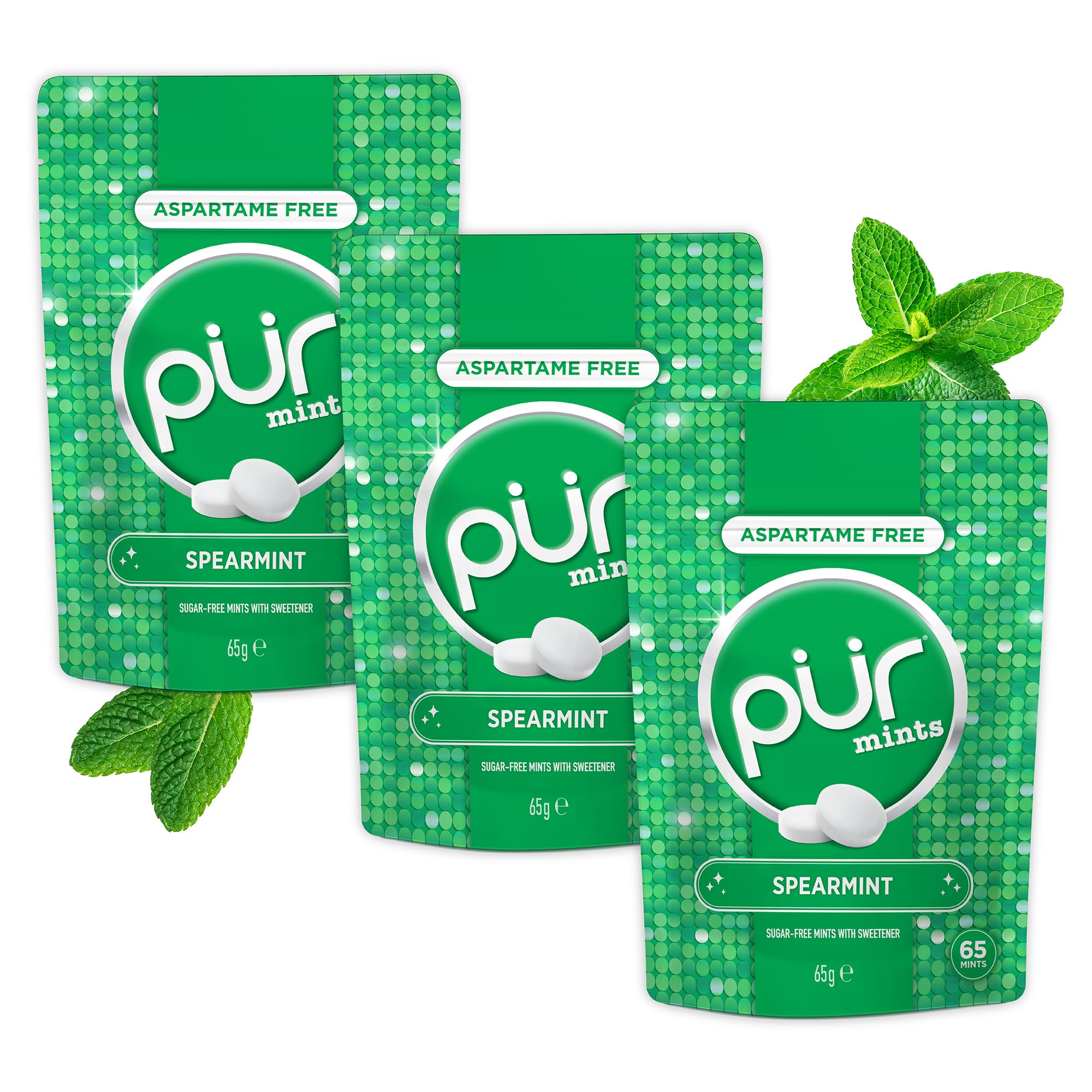 PUR Mints Spearmint - Sugar Free, Aspartame Free, Made with Xylitol | 65 Count Pouch (Pack of 3)
