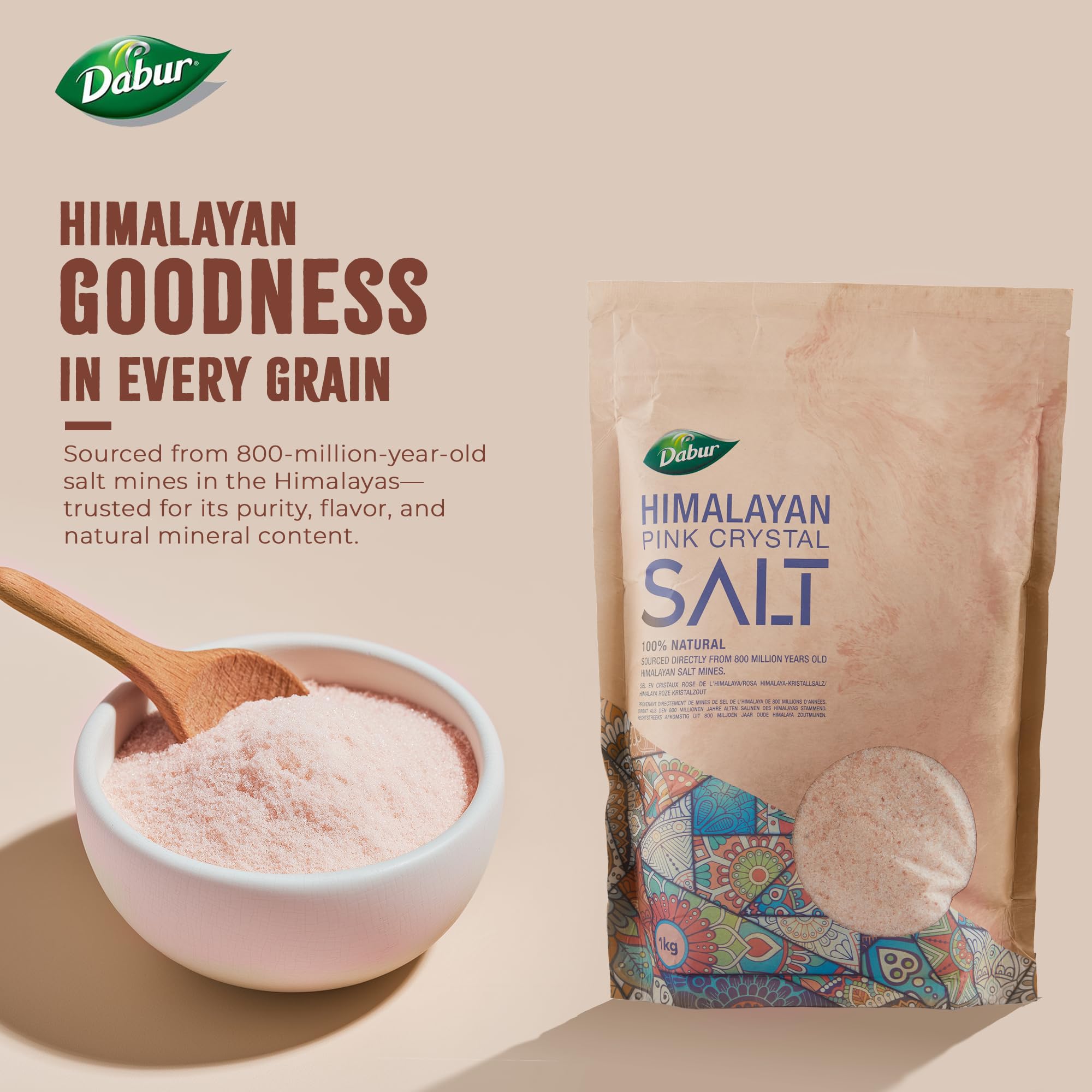 Dabur Himalayan Pink Salt - 1kg Fine Grain | 100% Natural Unrefined | Halal & Kosher Certified 3