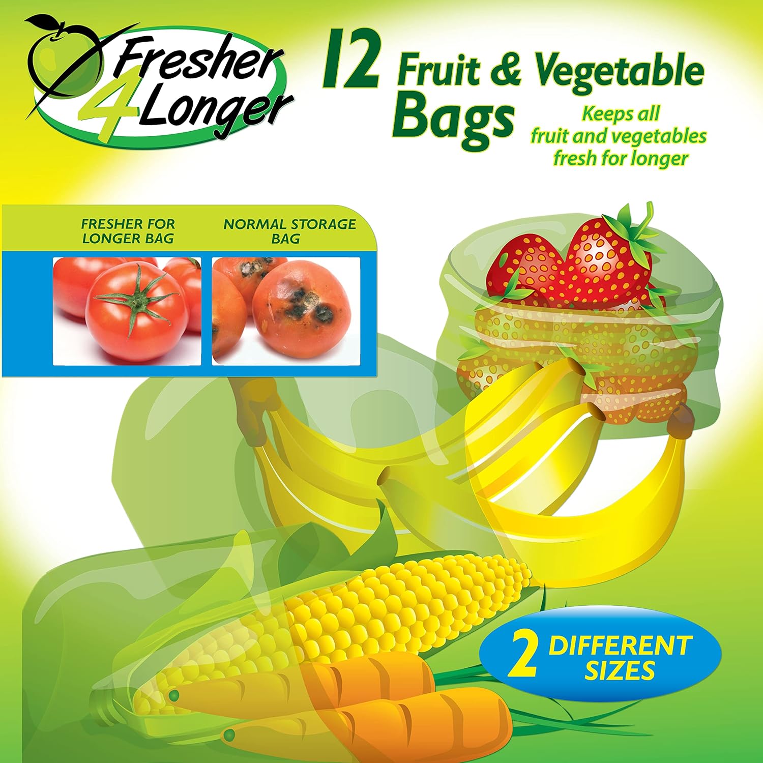Sealapack Fresher 4 Longer Fruit & Vegetable Storage Bags - Pack of 12 (6 x 17" x 12", 6 x 15" x 9") 6