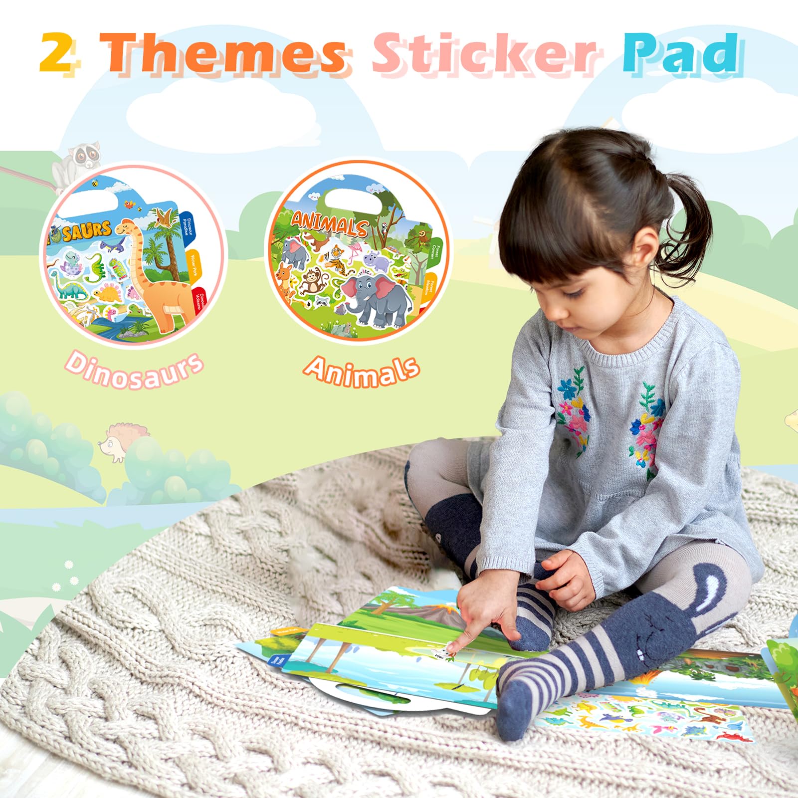 GUYUCOM 2 Pack Reusable Sticker Books for Toddlers - Educational Dinosaur & Animal PVC Stickers for Kids Ages 2-4 5