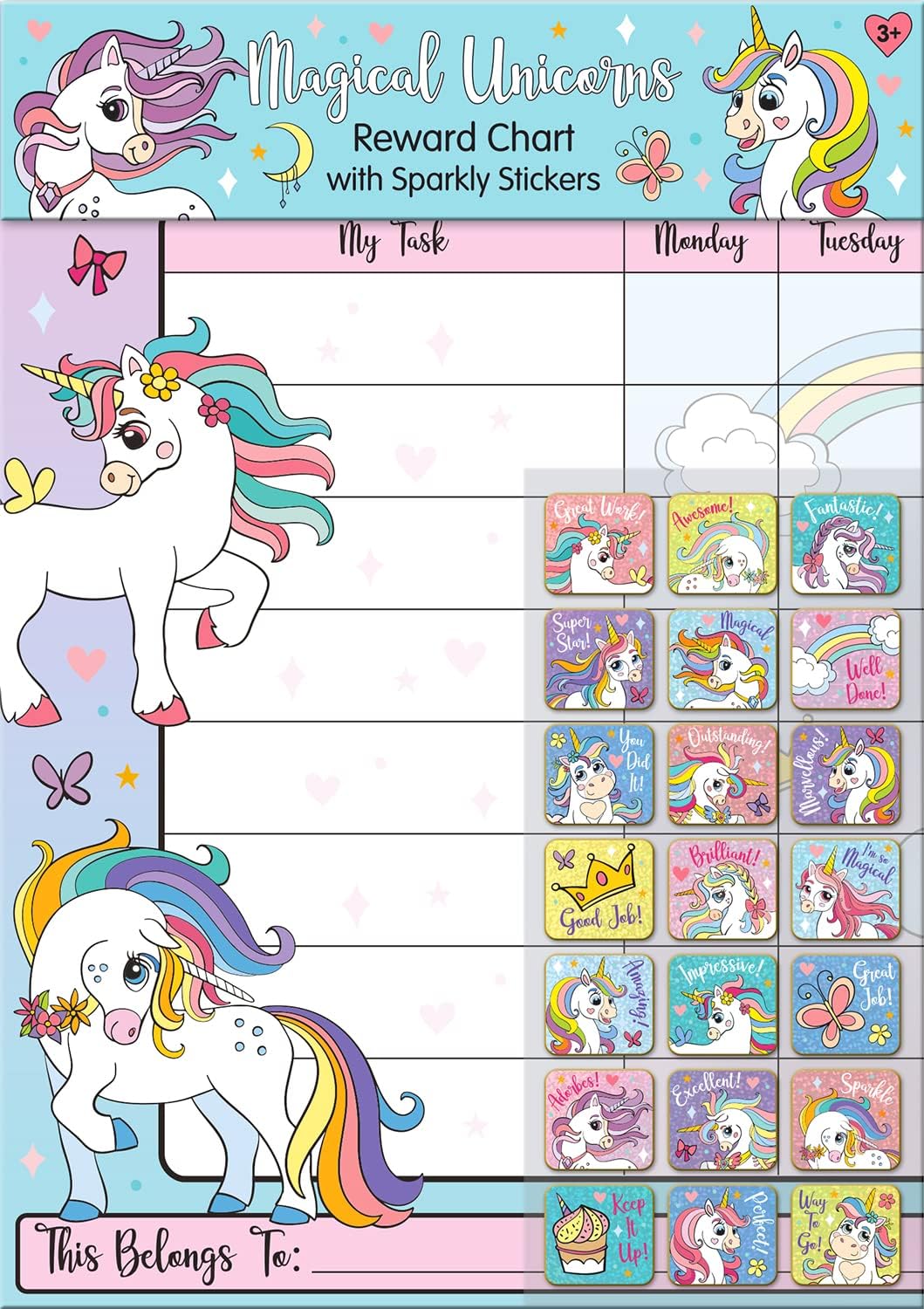 Magical Unicorns Reusable Reward Chart - 56 Sparkly Foil Stickers for Kids 3+ 1