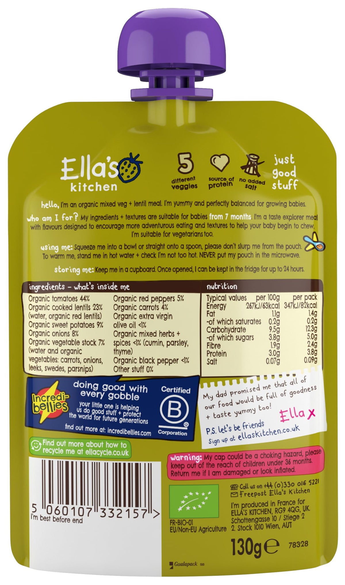 Ella's Kitchen Organic Vegetable Bake with Lentils - Stage 2 from 7 Months, 130 g, Pack of 6