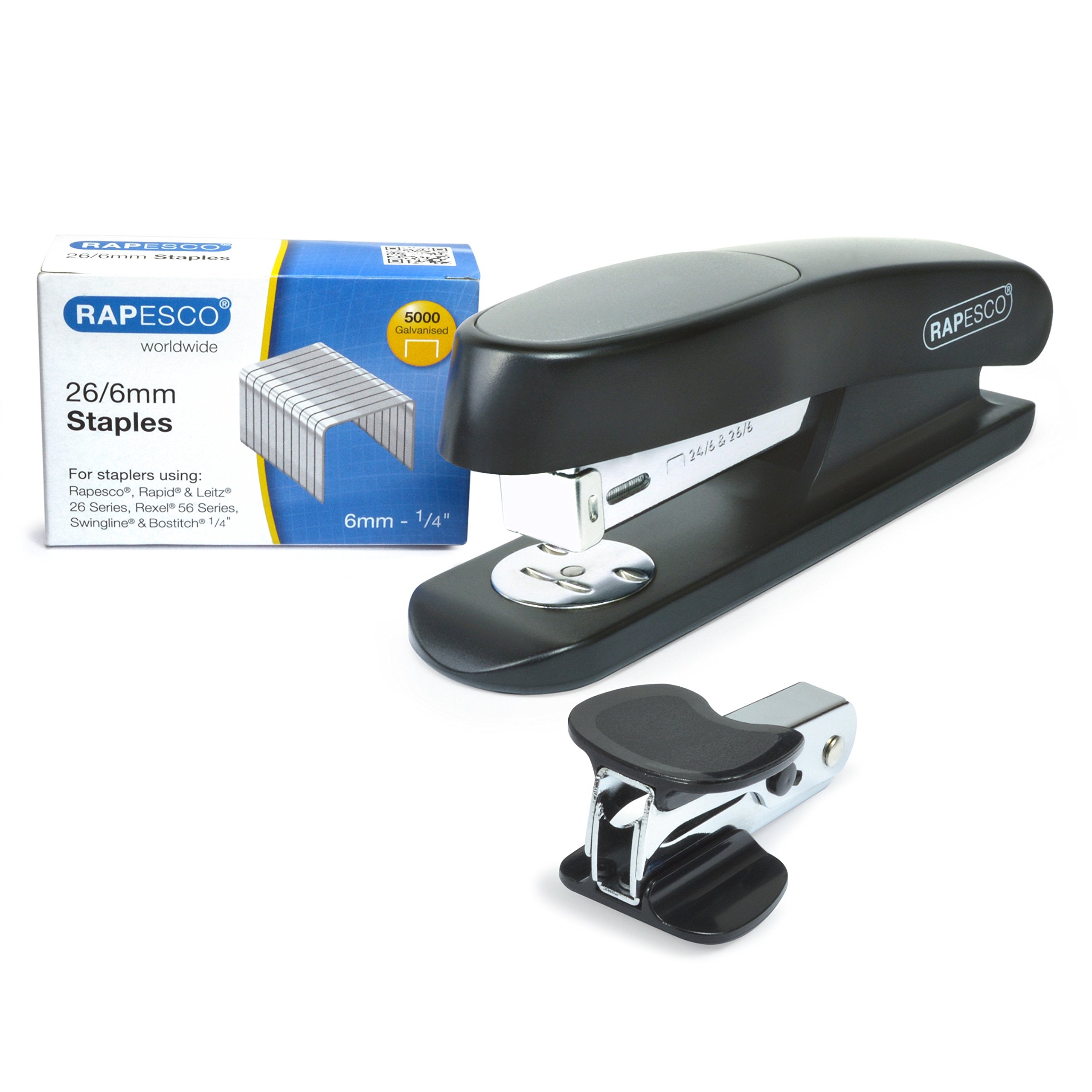 RAPESCO 1472 ECO Sting Ray Desktop Stapler - Half Strip, Black, Includes R4 Remover & 5000 Staples