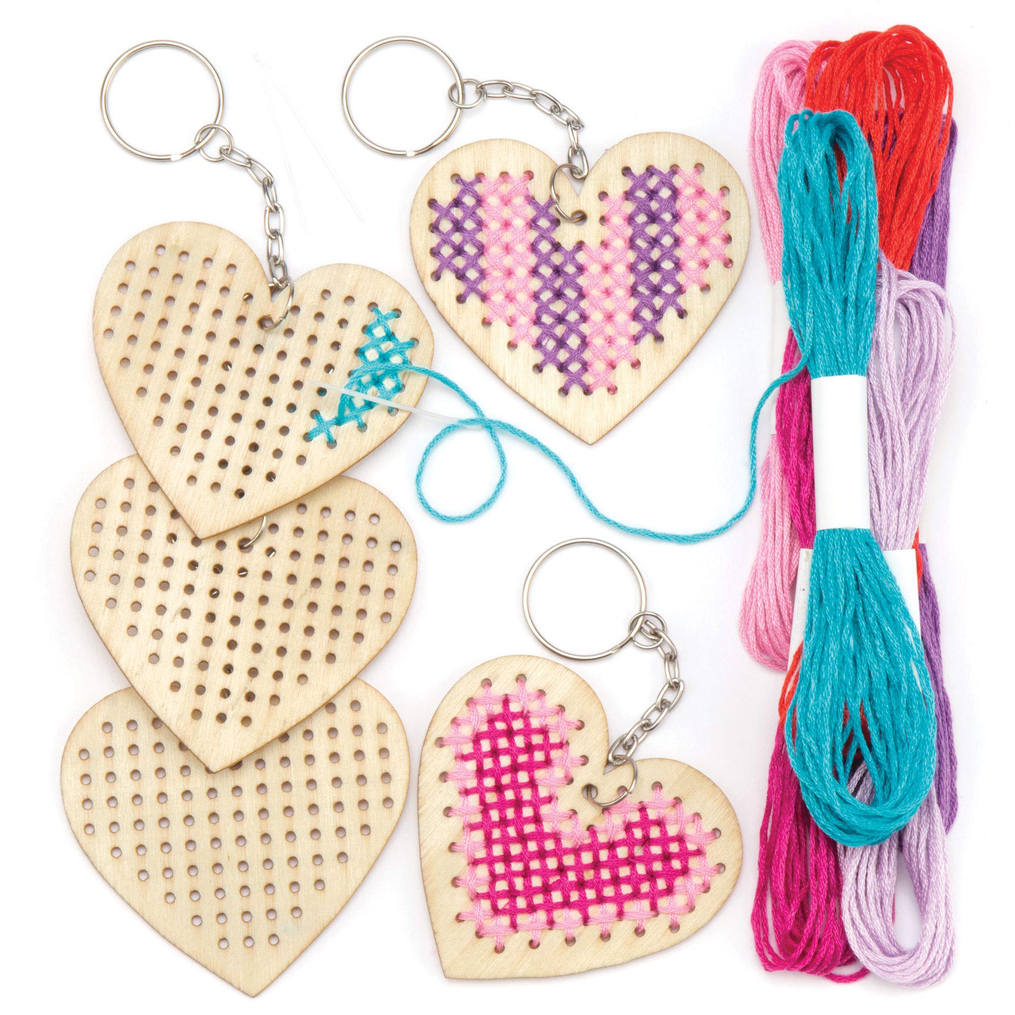 Baker Ross AR126 Wooden Heart Cross Stitch Keyring Craft Kits for Beginners (Pack of 5) 1