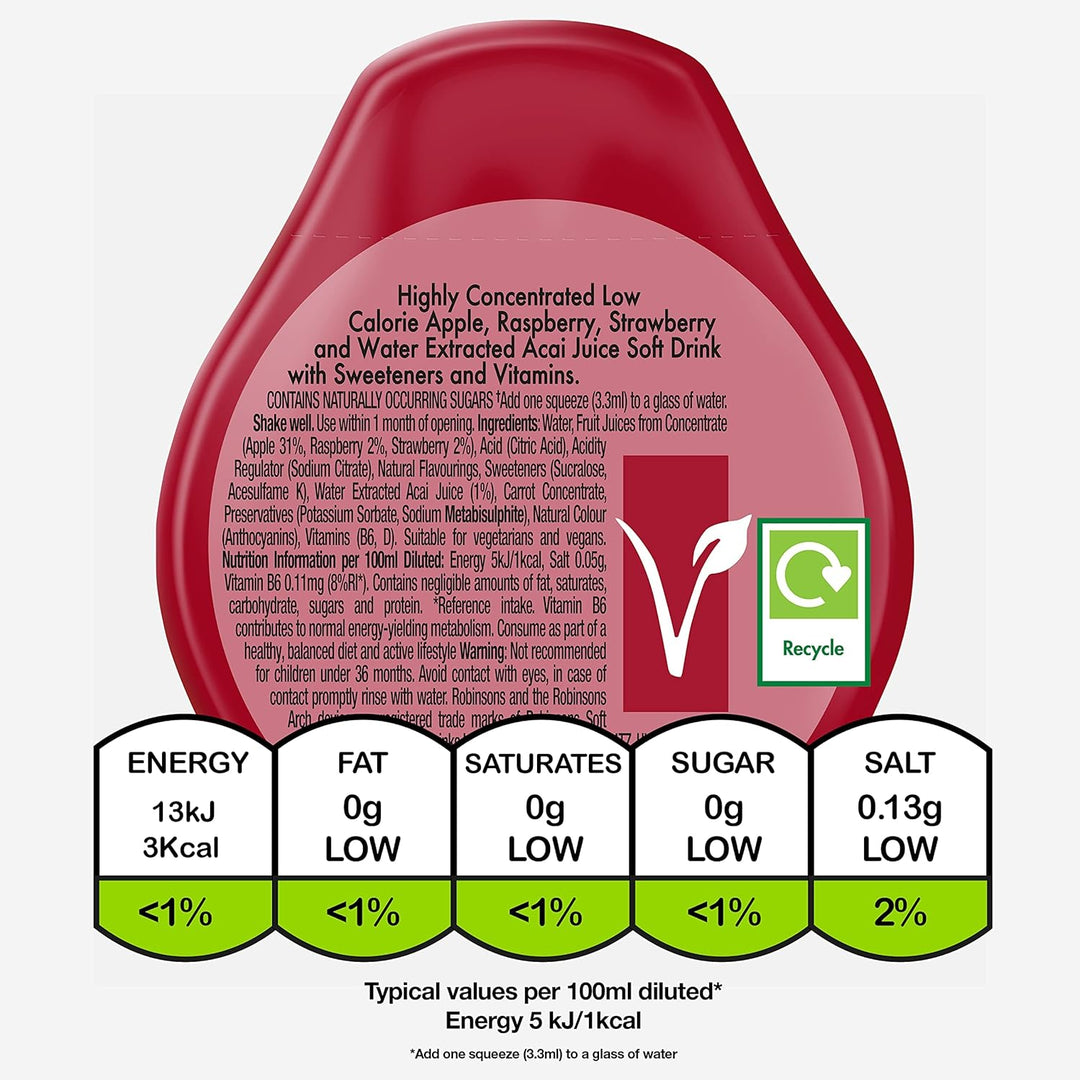 Robinsons Boost Benefit Drops Raspberry, Strawberry & Acai with Vitamin B6 – No Added Sugar Squash Concentrate