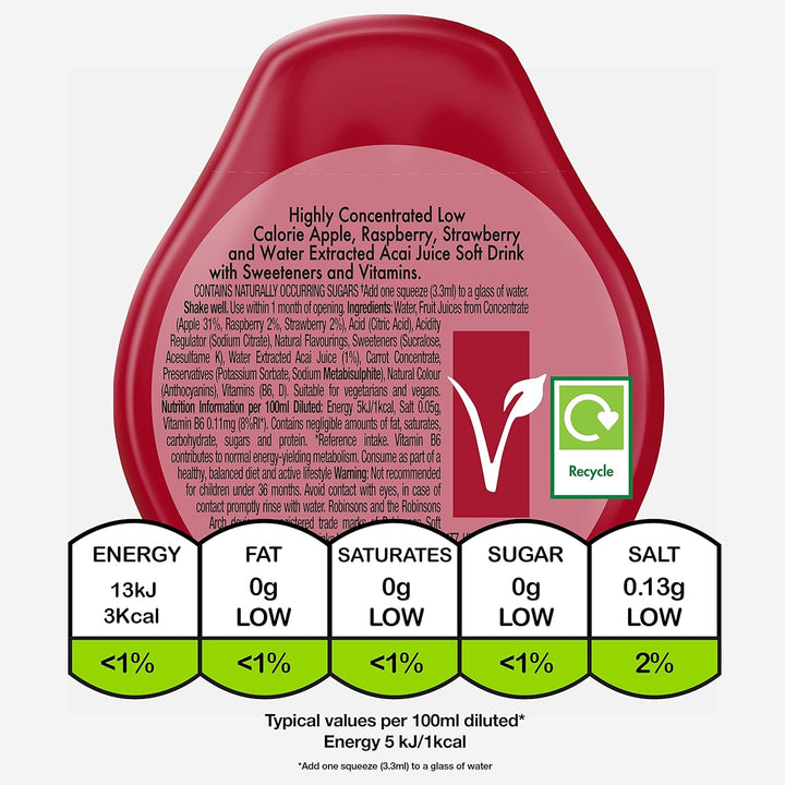 Robinsons Boost Benefit Drops Raspberry, Strawberry & Acai with Vitamin B6 – No Added Sugar Squash Concentrate
