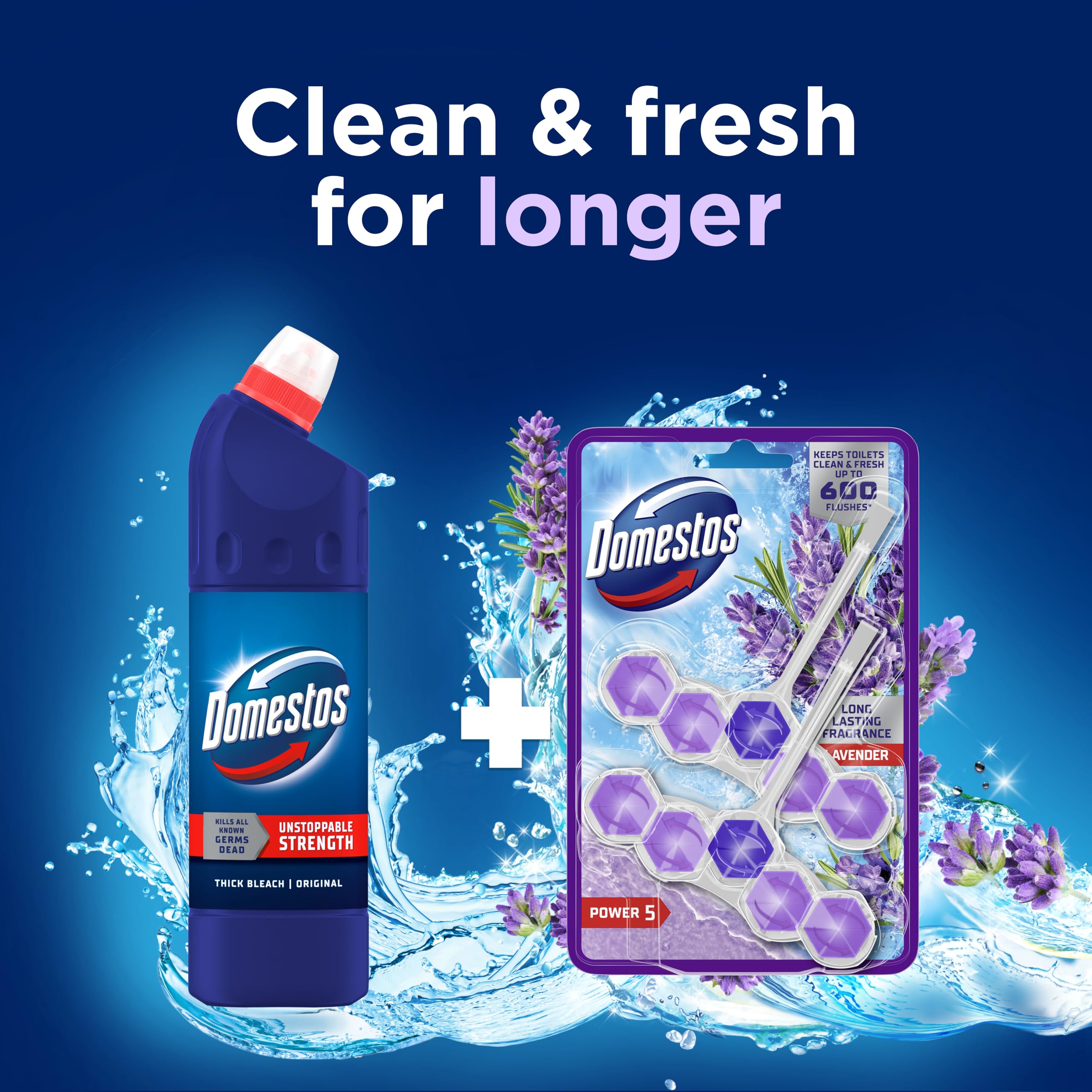Domestos Power 5 Lavender Toilet Rim Blocks - 2 Count (50g Each) | 300 Flushes 5