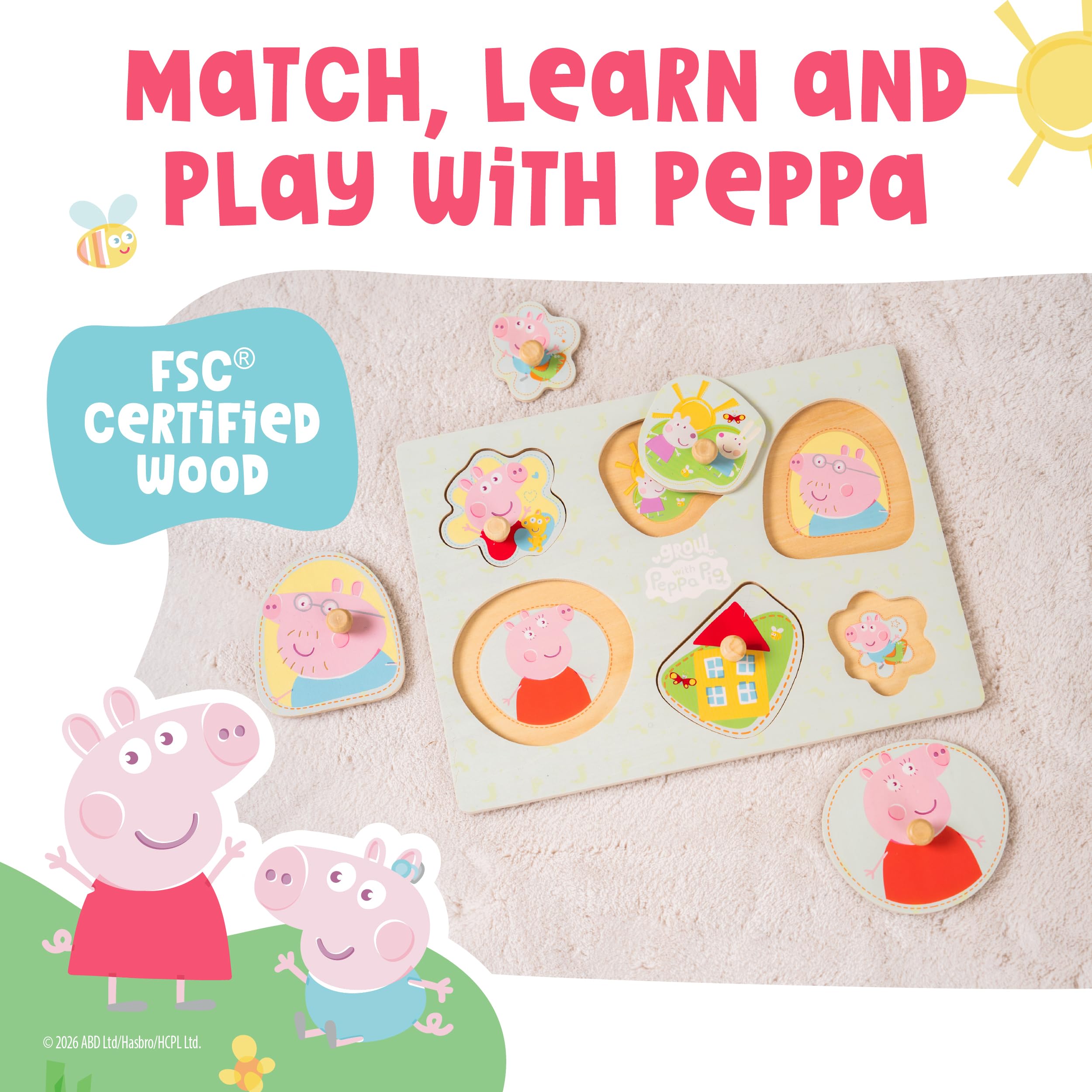 Peppa Pig Wooden Puzzle for Toddlers 12+ Months with Easy-Grip Handles | 6 Shapes