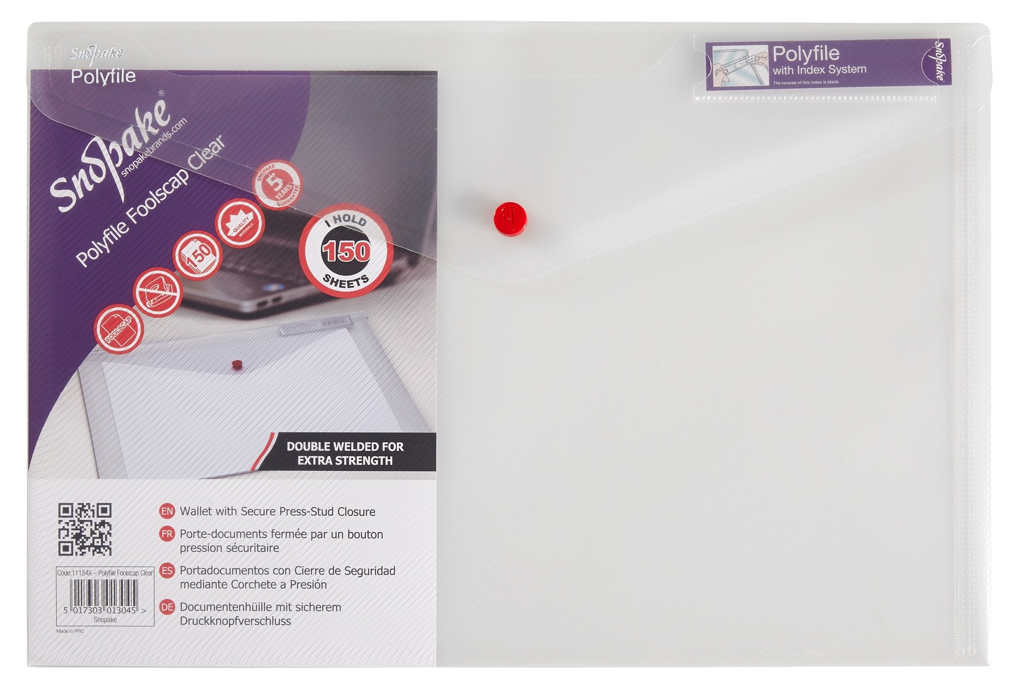Snopake Foolscap Clear Polyfile Popper Wallet with Index Tab and Press Stud Closure (Pack of 5)