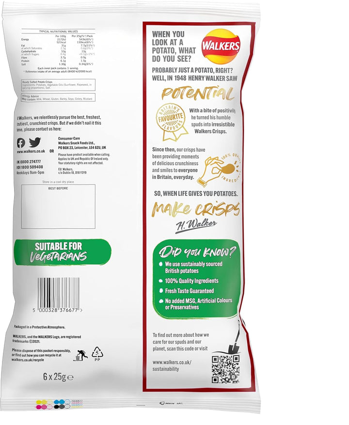 Walkers Ready Salted Multipack Crisps 6x25g