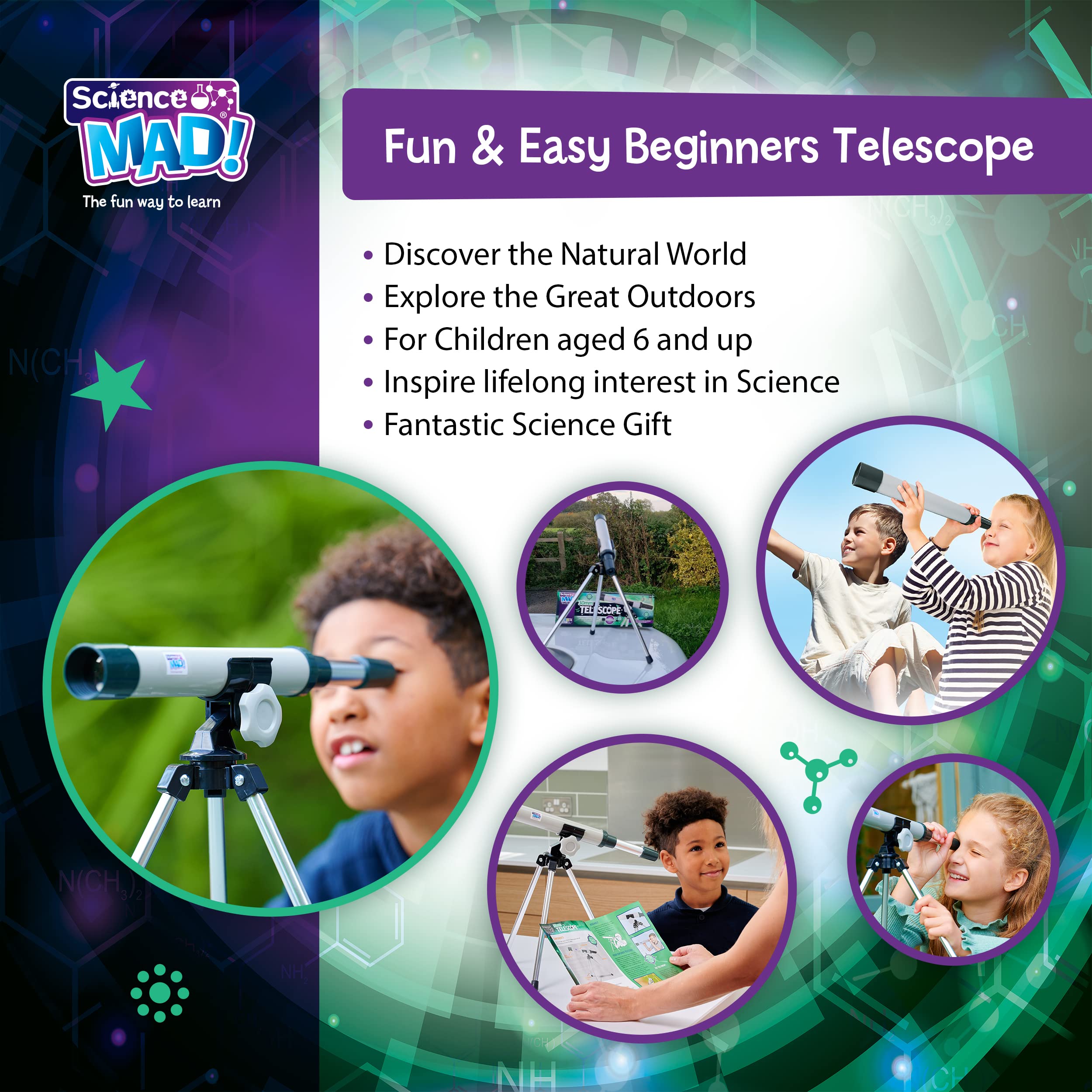 Science Mad 30mm Telescope for Kids - 15x Magnification Starter Scope with Tripod | Ages 6+