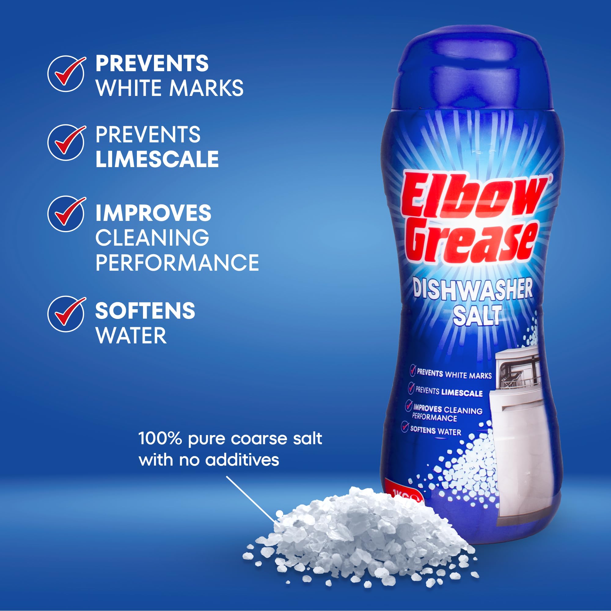 Elbow Grease Dishwasher Salt - 1kg Tub | Prevents Limescale & White Marks | For All Dishwashers 4