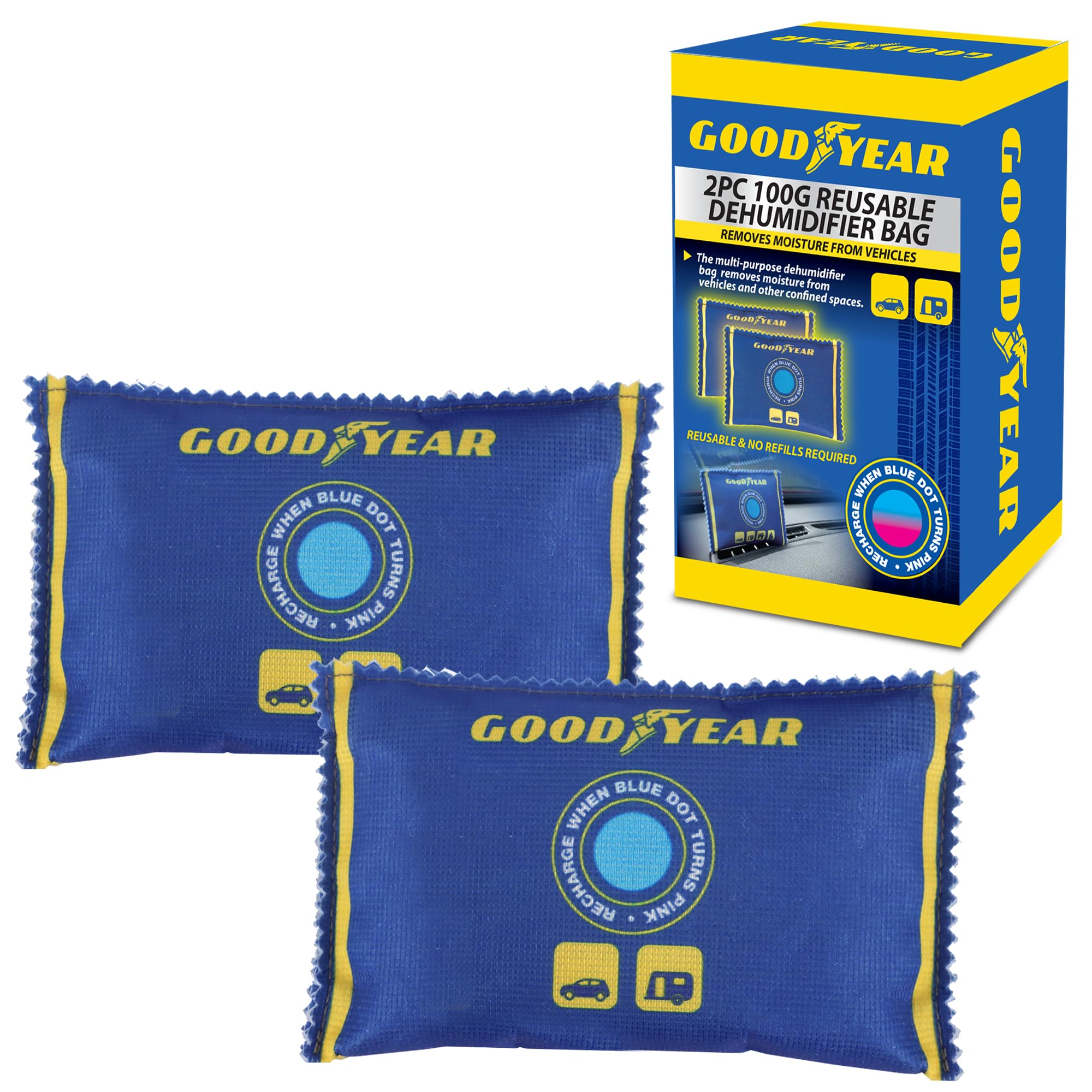 Goodyear 2pc 100g Reusable Moisture Absorber Bags – Heavy-Duty Dehumidifier | Portable | Blue