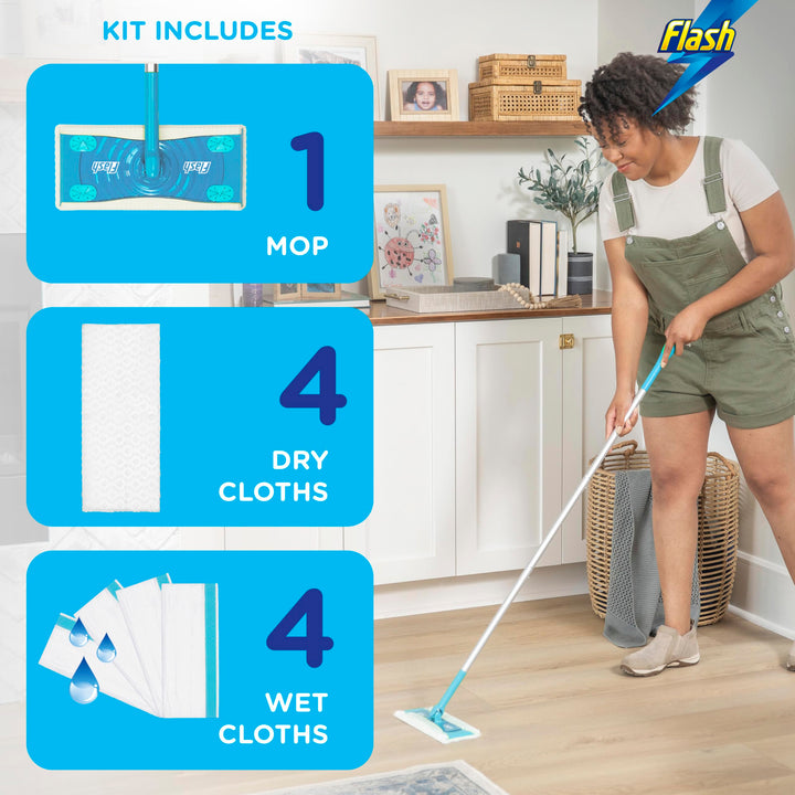 Flash Speedmop Floor Cleaner Starter Kit (1 Handle + 4 Wet & 4 Dry Refills) - Fast, Easy & Hygienic Cleaning for Hard Floors