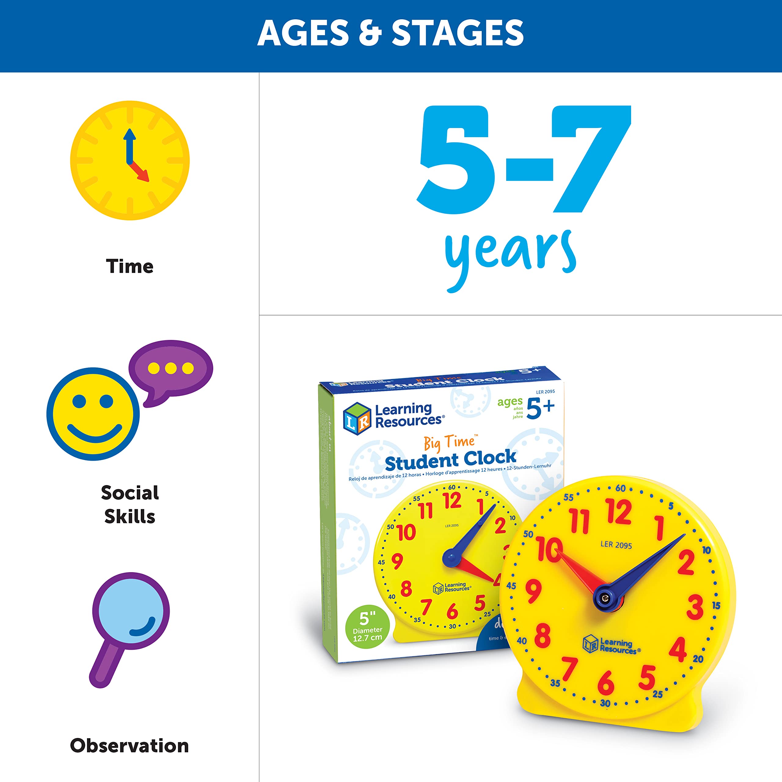 Learning Resources Big Time Student Clock - Hands-On Time Teaching Aid | Ages 5-9 | Colour-Coded 7