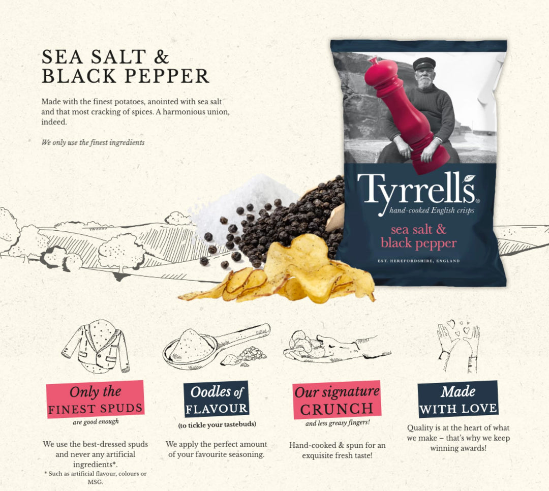 Tyrrells Sea Salt & Black Pepper Hand-Cooked Crisps 150g Bag
