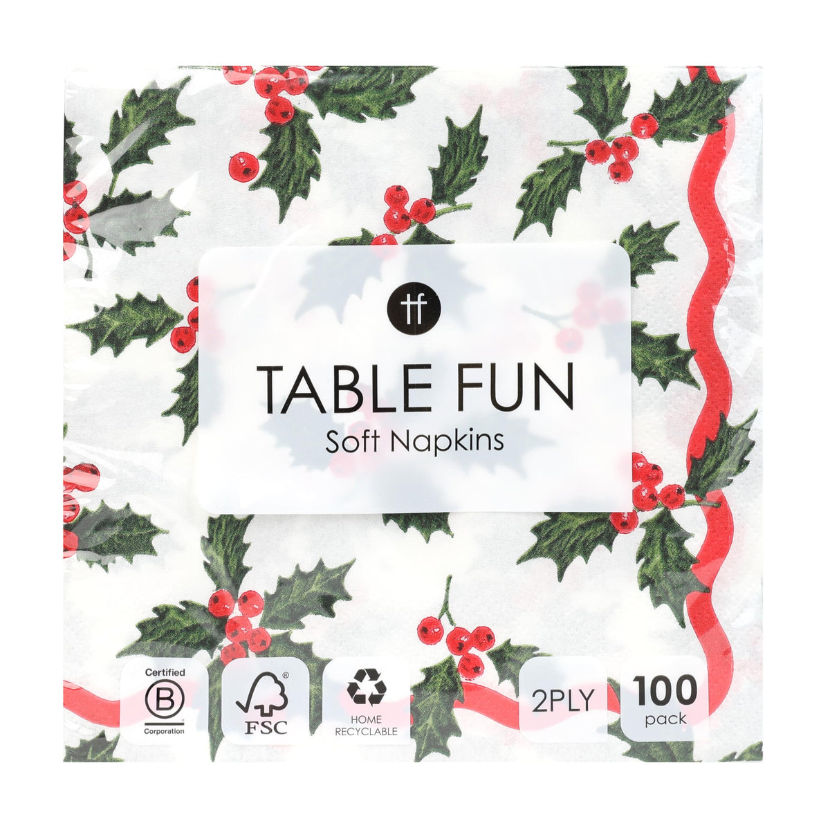 Talking Tables Christmas Paper Napkins - 100 Pack, Holly Design, 33cm