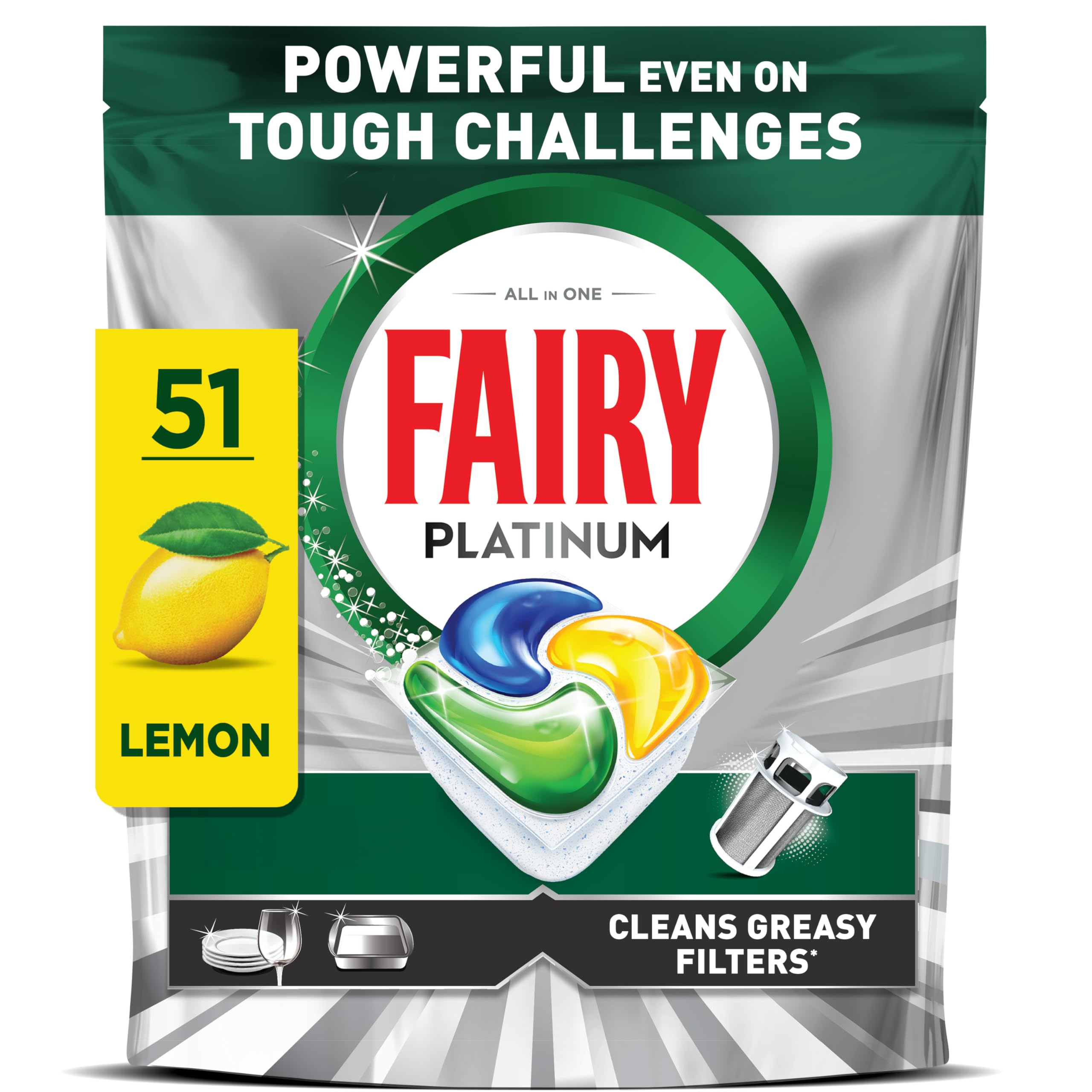 Fairy Platinum Dishwasher Tablets Lemon Scent - 51 Count All-in-One Cleaning Power 1