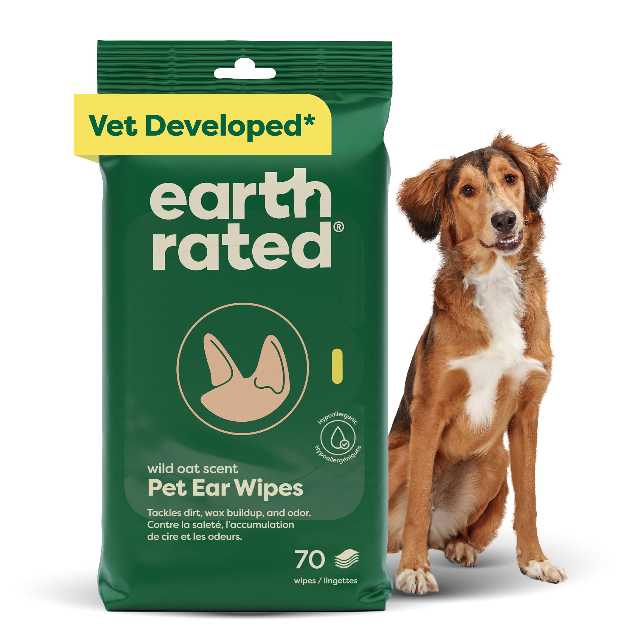 Earth Rated Vet-Developed Hypoallergenic Dog Ear Wipes with Aloe Vera & Chamomile | 70 Count | Wild Oat Scented