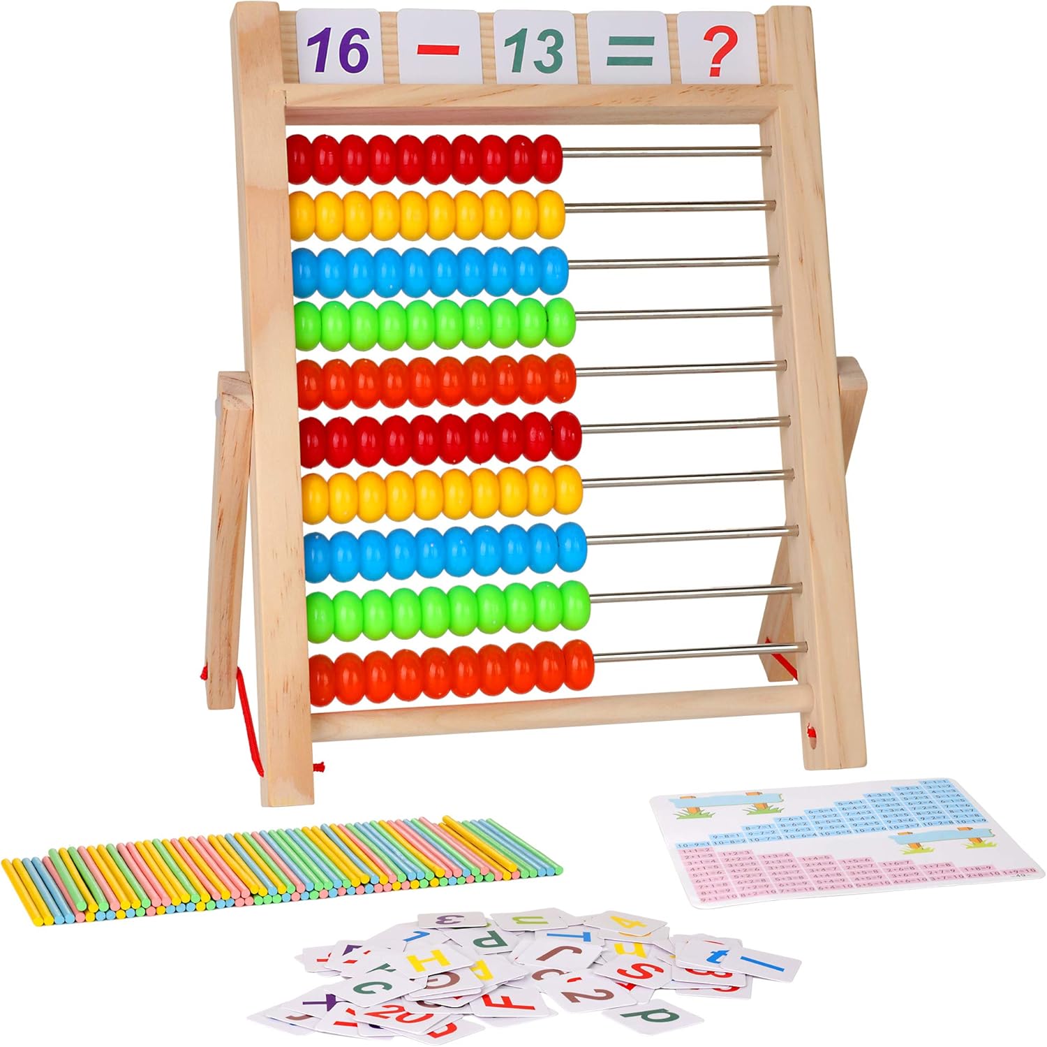 Wooden Frame Abacus for Kids - 10-Row Educational Toy with Multi-Color Beads, Alphabet & Number Cards 1