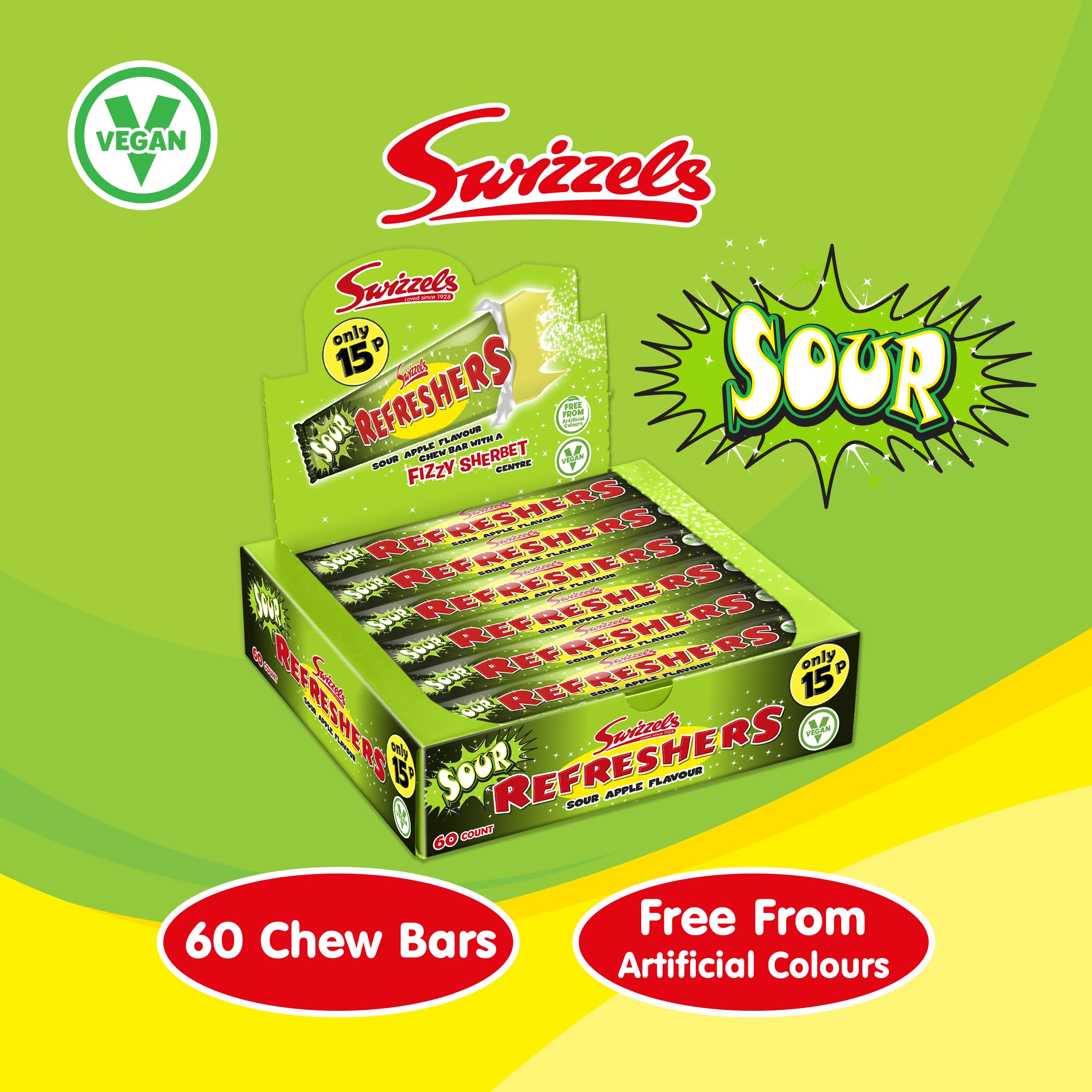 Swizzels Refreshers Sour Apple Chew Bars - Fizzy Sherbet Centre | 60 Count Pack 2