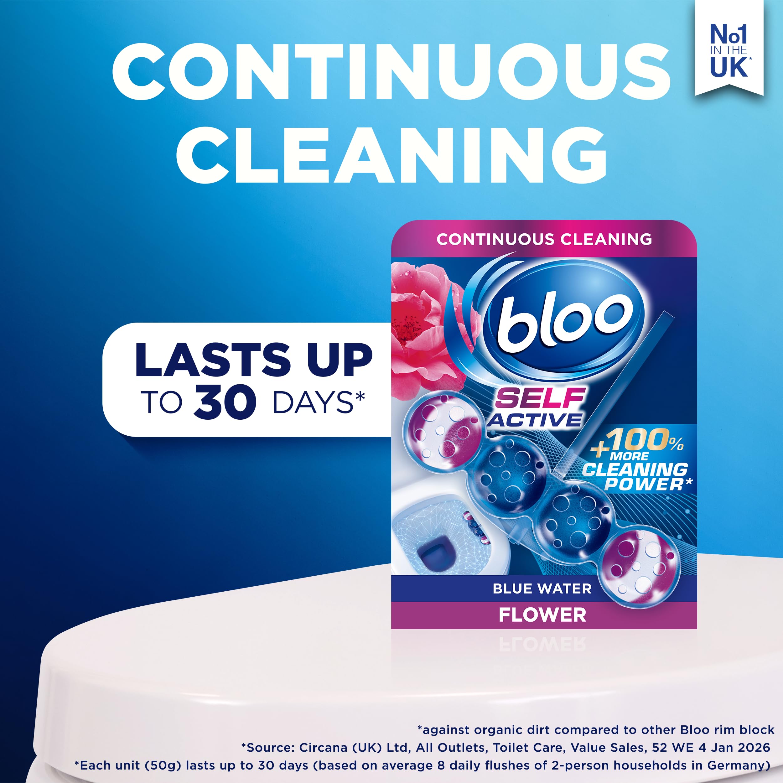 Bloo Self Active Toilet Rim Block Cleaner with Flower Scent, 4-Function Formula, Pack of 3 3