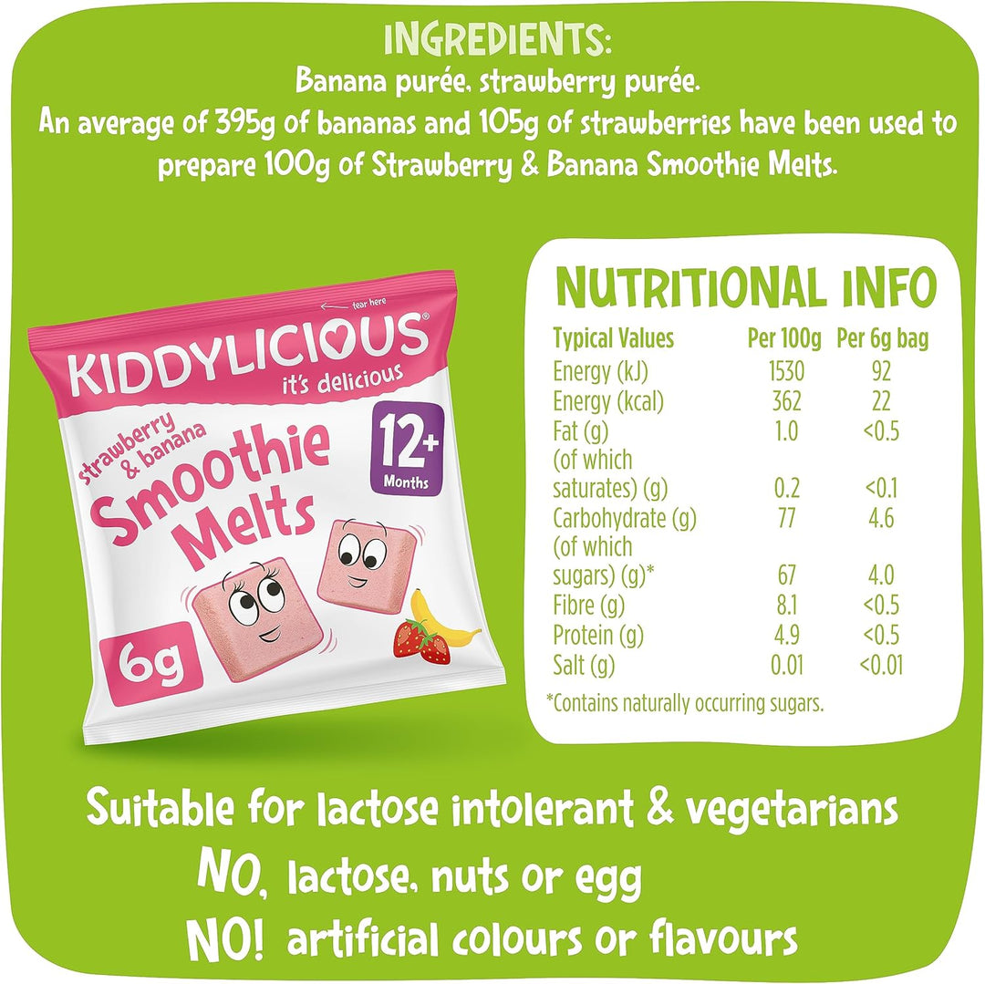 Kiddylicious Strawberry and Banana Smoothie Melts - 16 x 6g Fruit Snacks