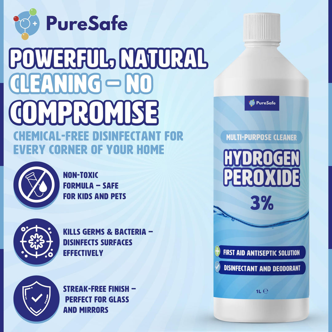 Pure Safe - Hydrogen Peroxide 3% Solution 1 Ltr – Multi-Purpose Household Cleaner