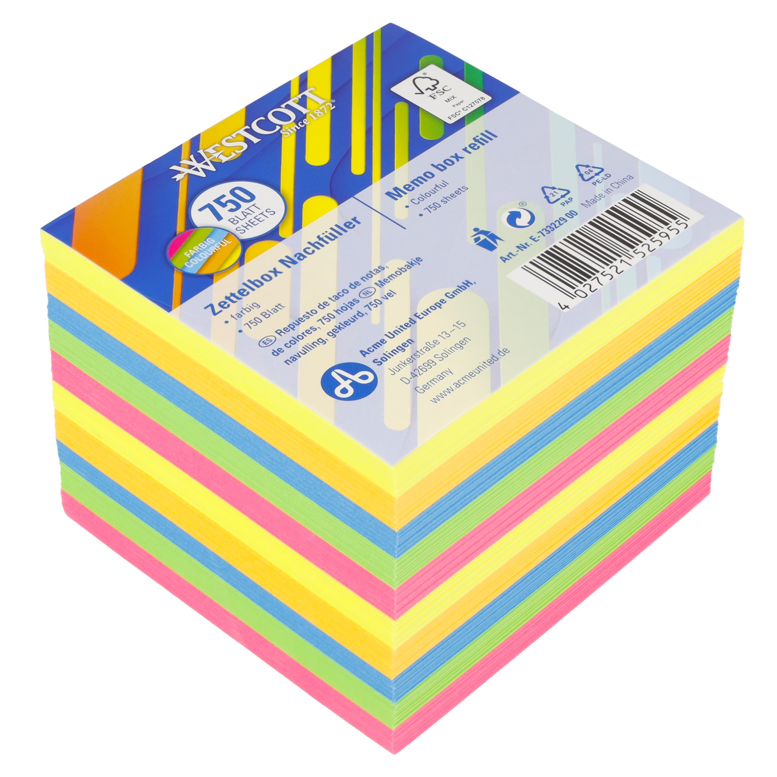 Westcott Note Block Refill Pack - 750 Sheets Coloured Memo Block | 9 x 9 cm