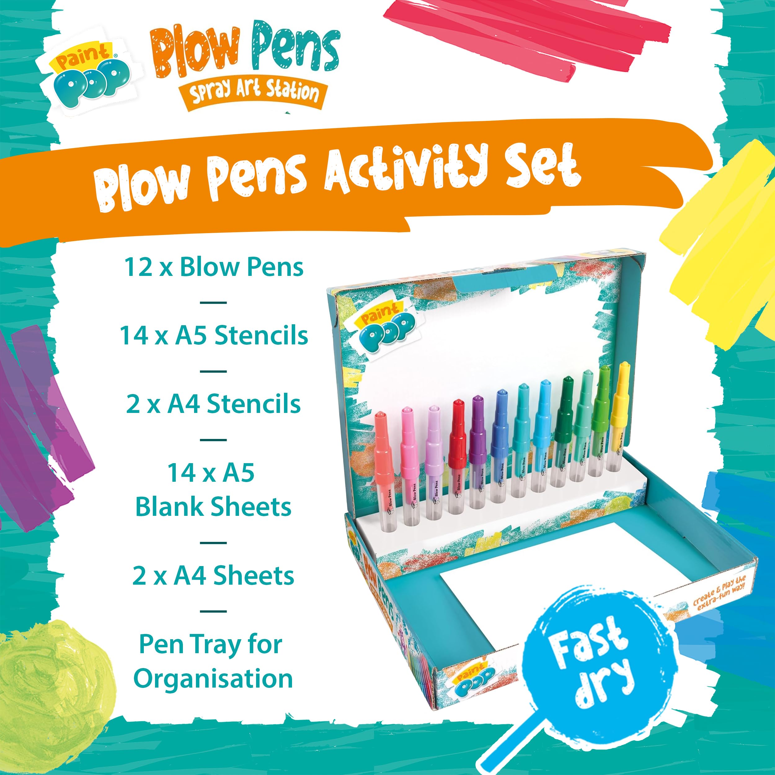 Paint Pop Blow Pens Spray Art Station - 12 Pens, Multi Coloured | Quick-Drying Paint | Includes Stencils & Paper 6