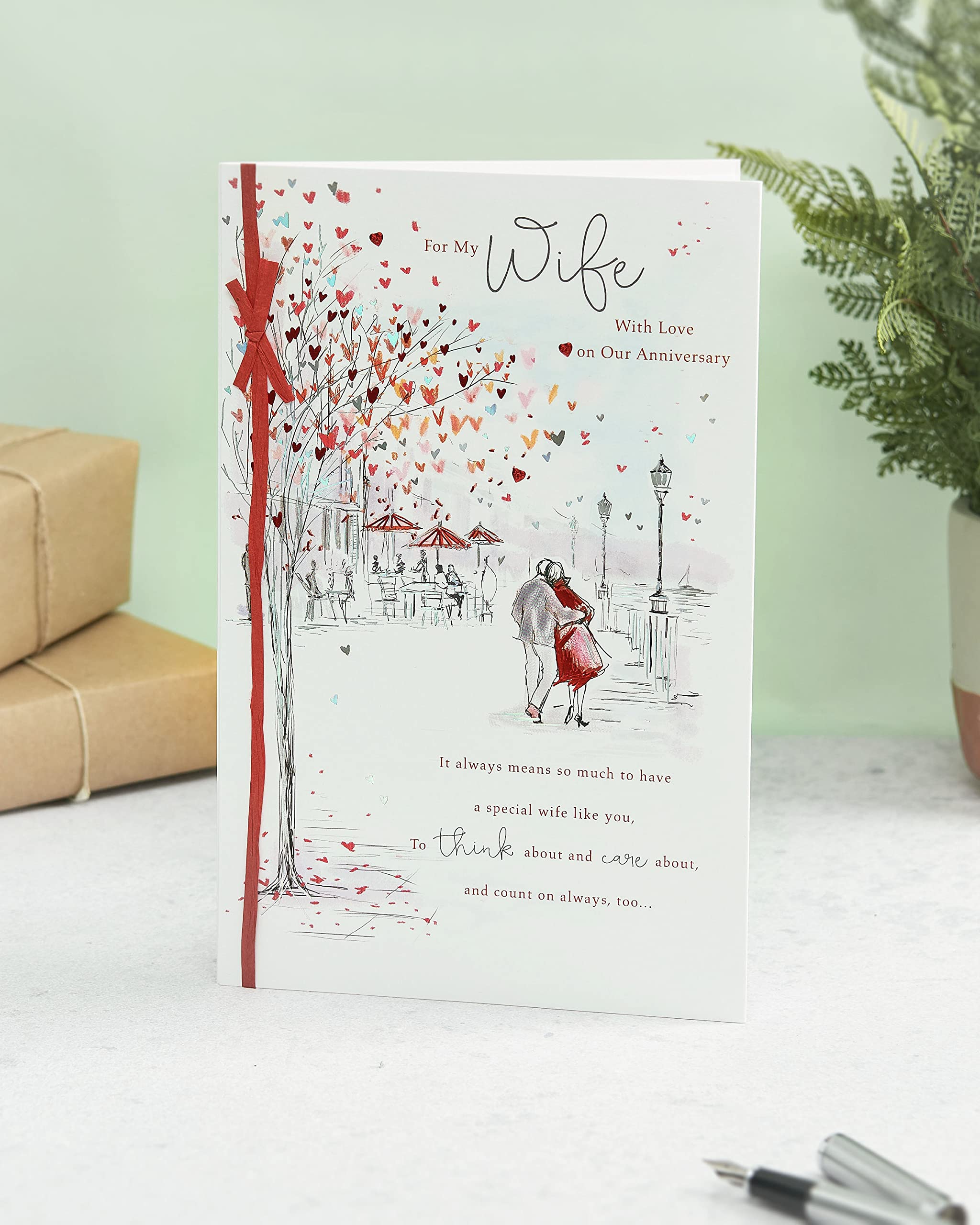 UK Greetings Anniversary Card for Wife | Heartfelt Design with Red Foil & Bow | FSC Certified 3