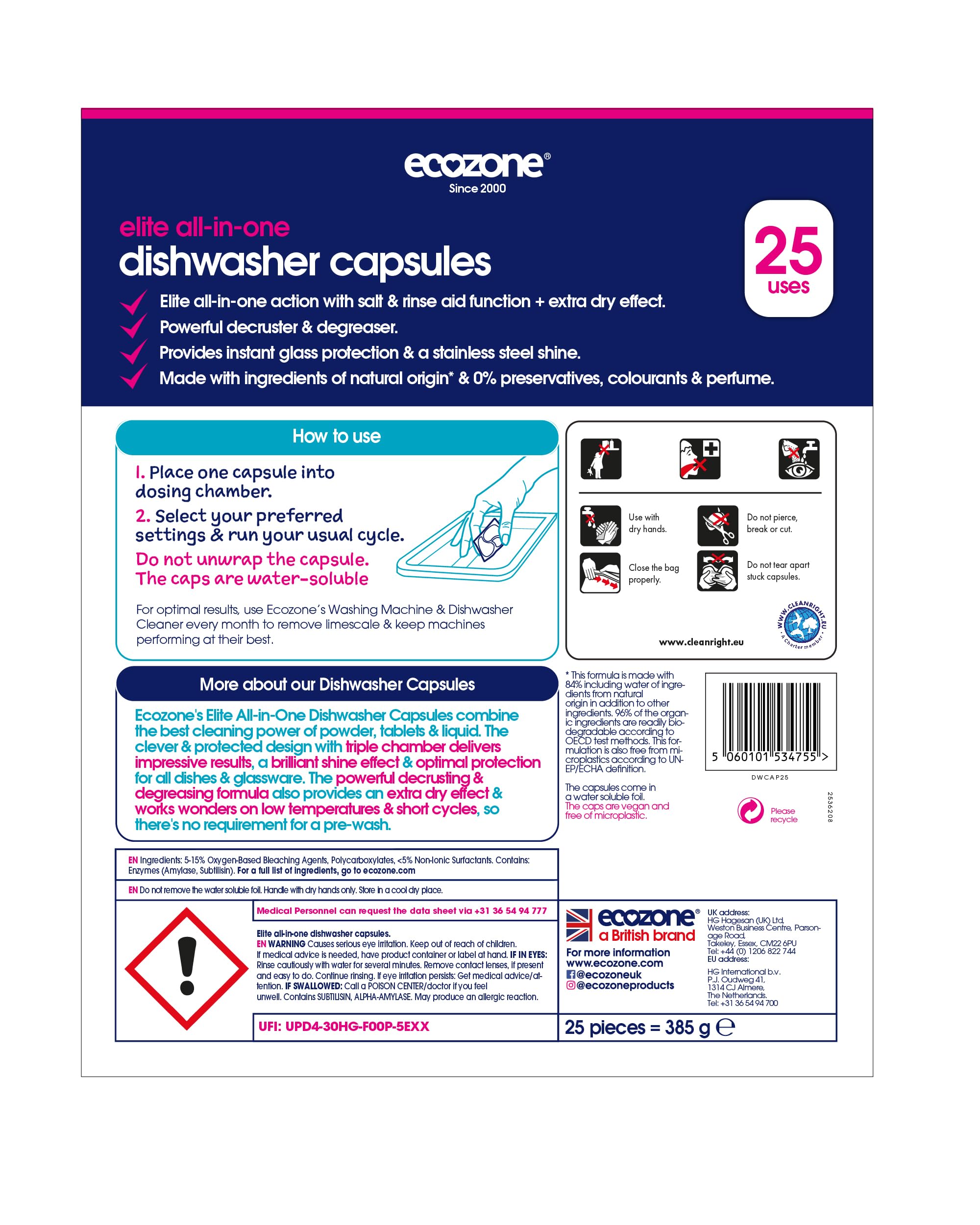 Ecozone Optimum All-In-One Dishwasher Capsules - 25 Count | Streak-Free Shine | Unscented 2