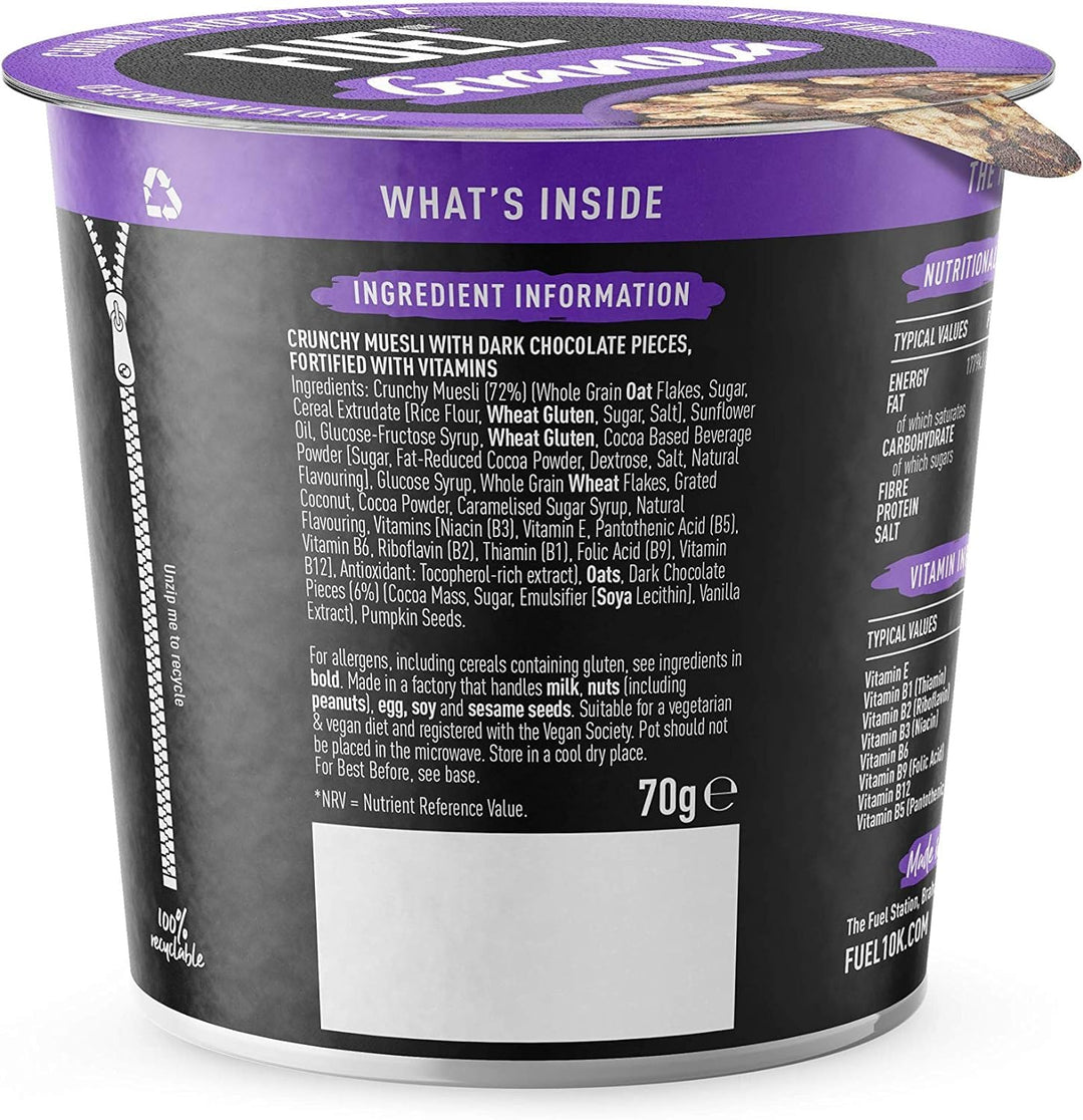 FUEL10K Chocolate Protein Granola Cereal Pot, 70g (Pack of 8) - Vegan-Friendly, High Protein Breakfast Snack