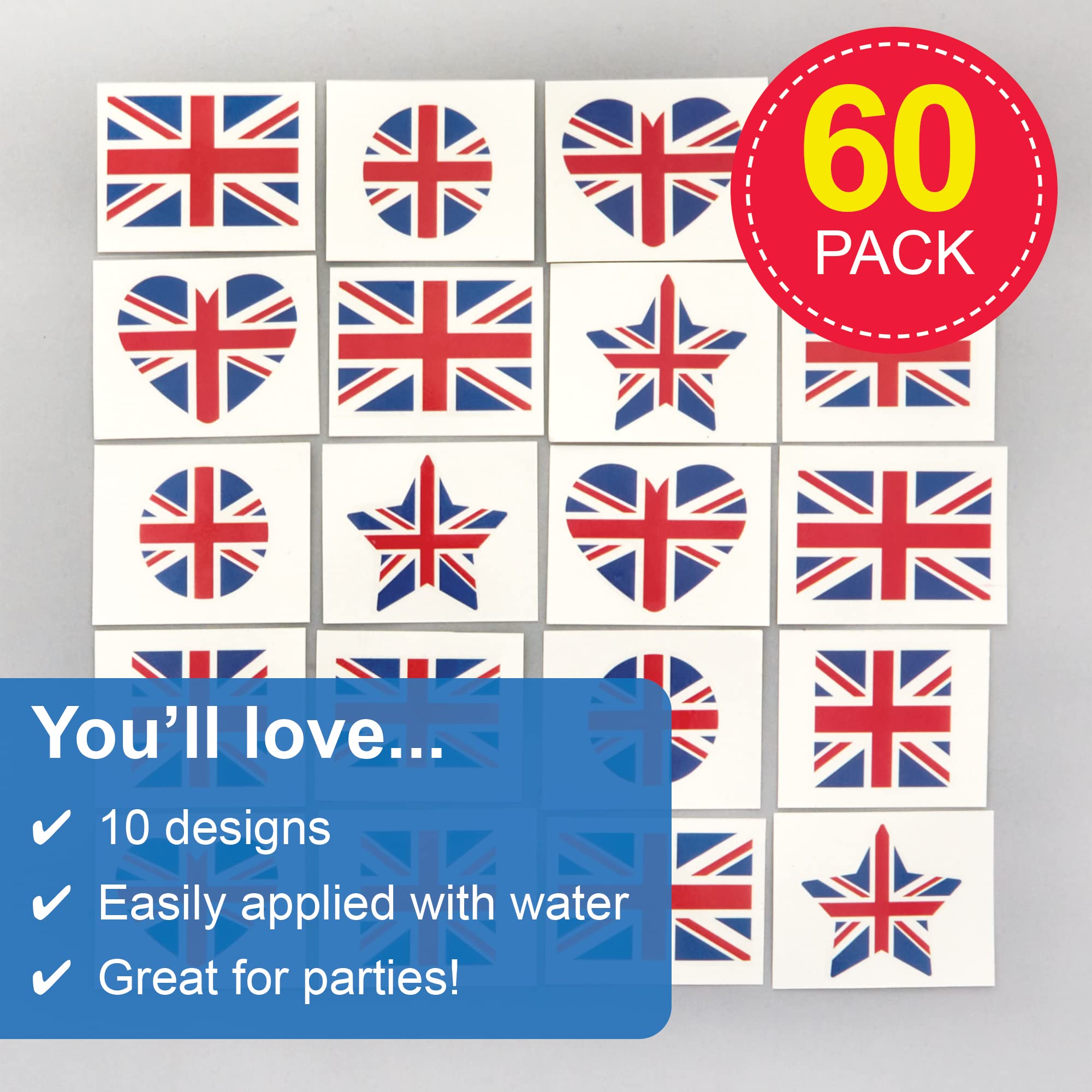 Baker Ross PJ153 Temporary Kids Union Jack Tattoos - Pack of 60 | Size 5cm x 4cm 4