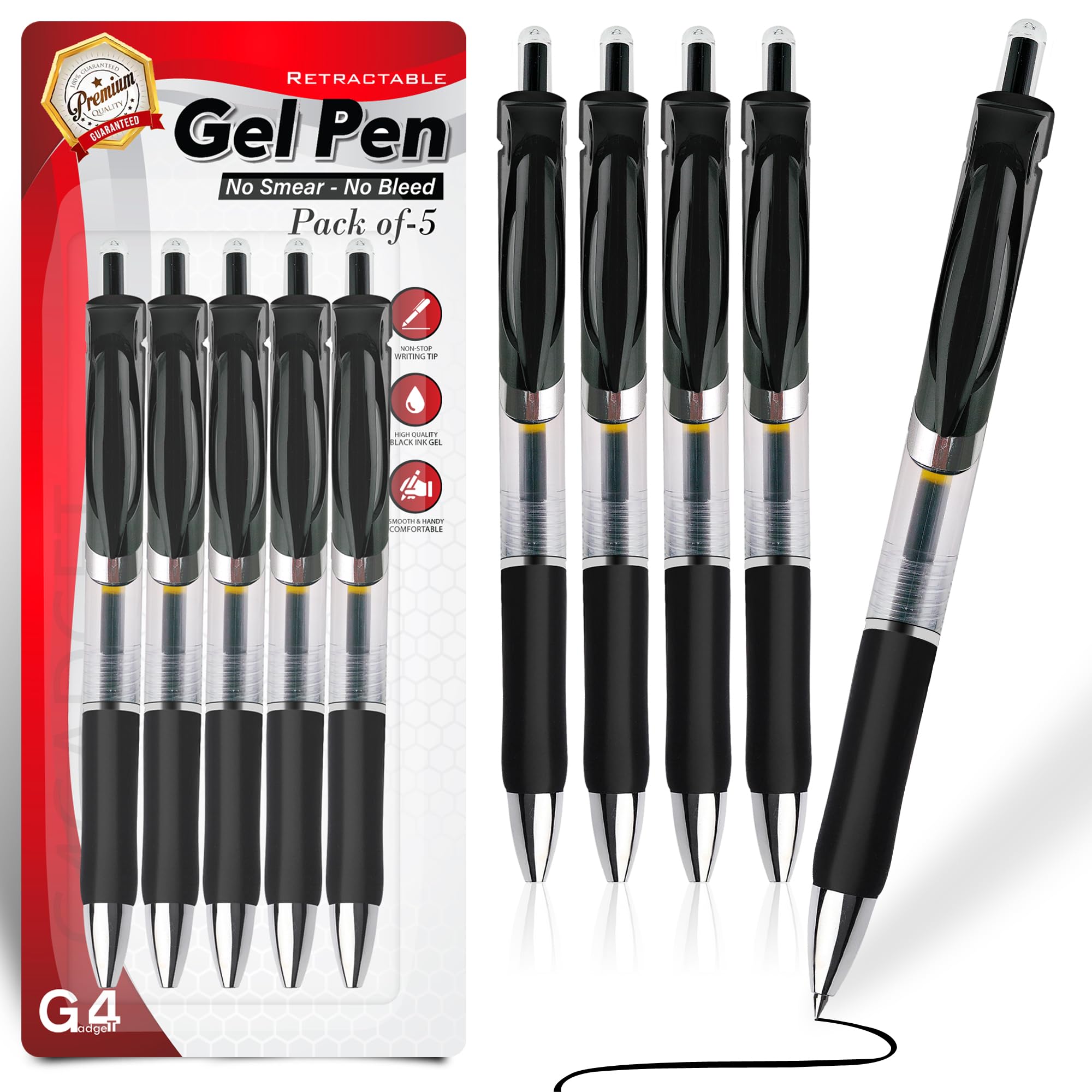 G4GADGET Gel Ink Rollerball Pens - 0.7mm Smooth Black Ink, Retractable Click, Comfort Grip | 5 Pack