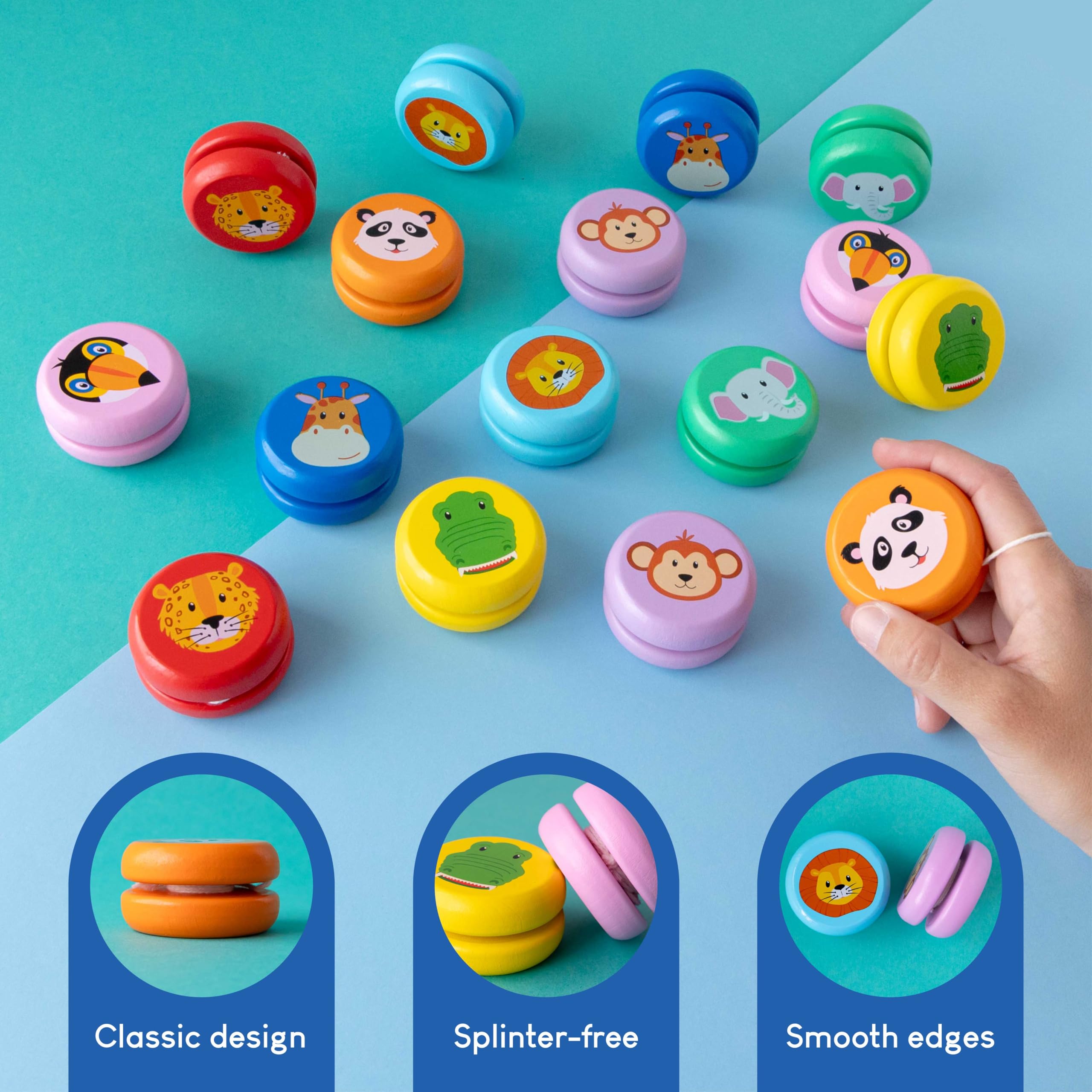 BONNYCO Wooden Yo-Yos - Pack of 16 | Jungle Animal Designs | Party Bag Fillers for Kids Ages 3+ 6