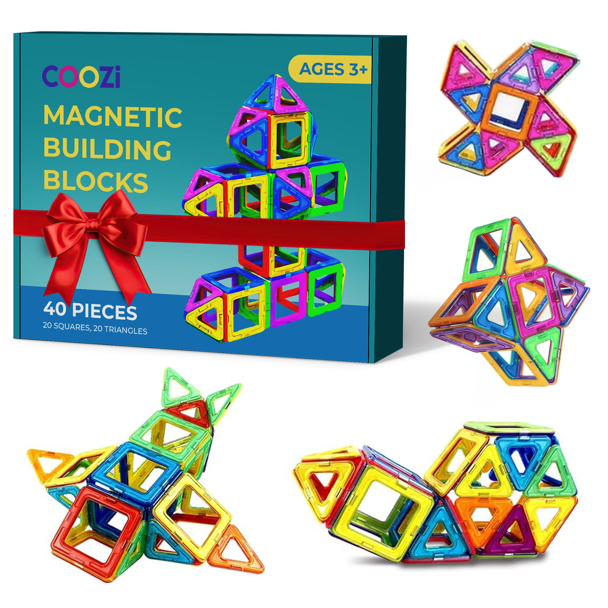 COOZI Magnetic Tiles for Kids - 40pc STEM Magnetic Building Blocks Set for Ages 3+ 10