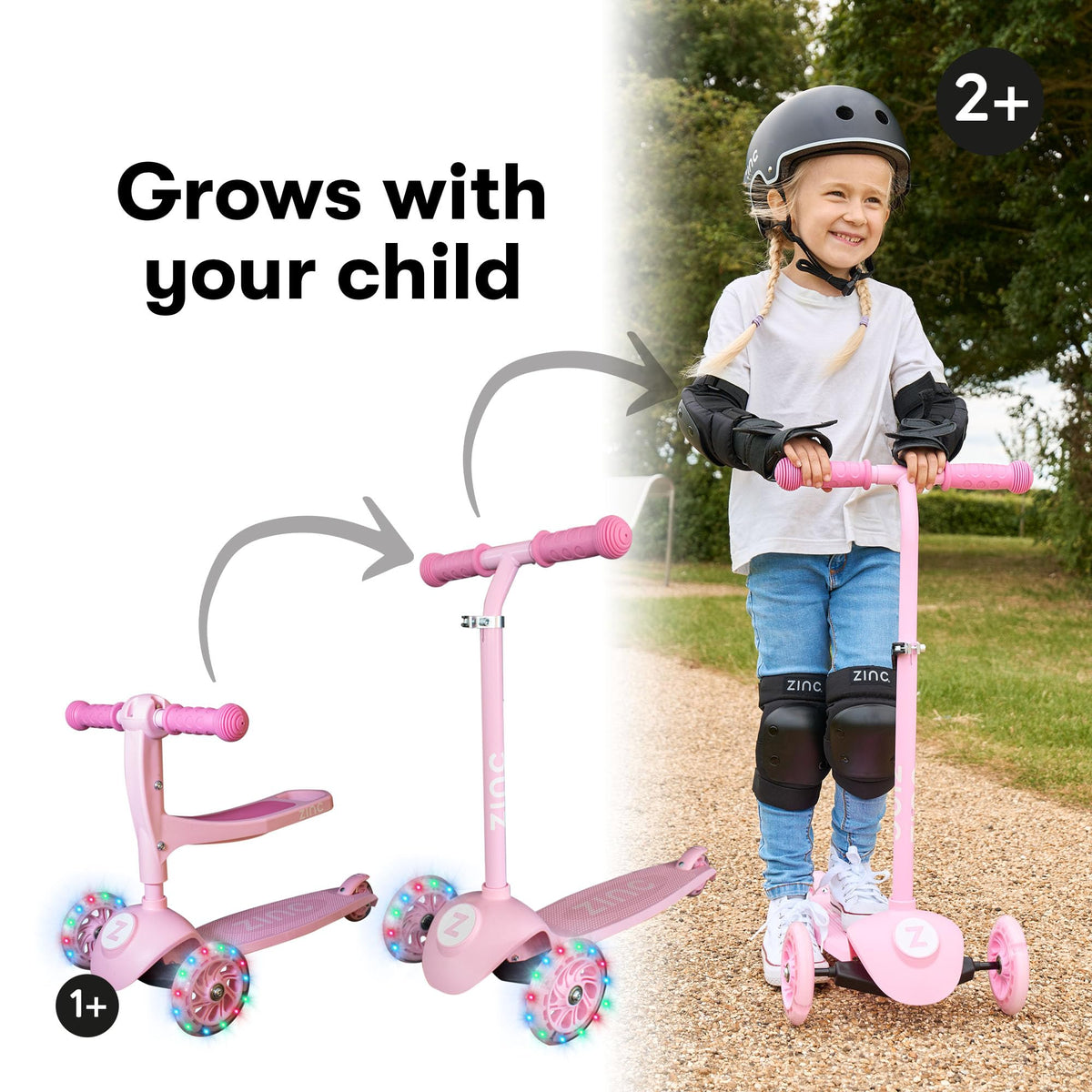 ZINC 3-In-1 Kids Scooter for Ages 1+ - Pink, Adjustable Height