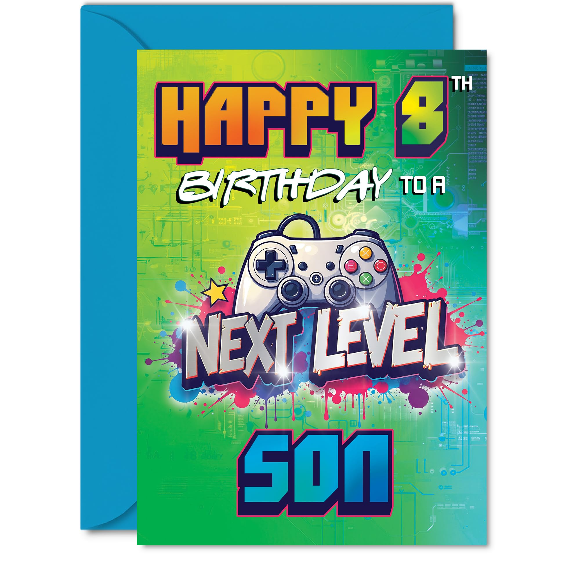 Giftzie 8th Birthday Card for Son | Next Level Design | 5x7 Inch Greeting Card | Uncoated Interior 1